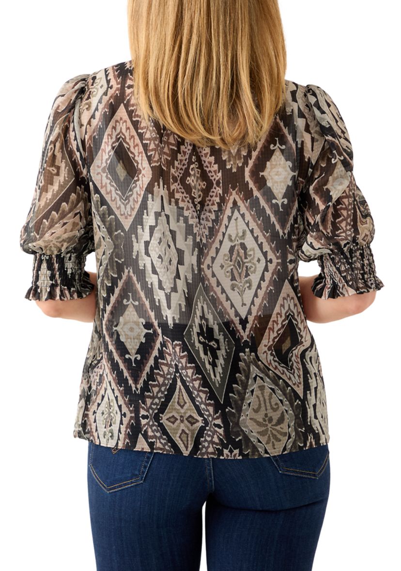 Womens Tie Neck Puff Elbow Sleeve Top