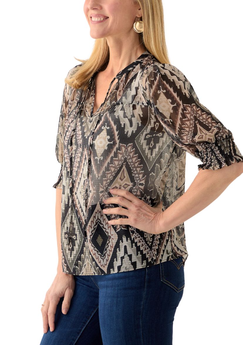 Womens Tie Neck Puff Elbow Sleeve Top