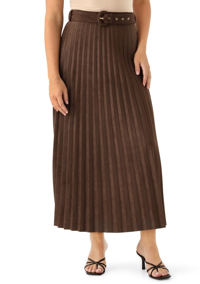 Womens Belted Pleated Faux Suede Midi Skirt