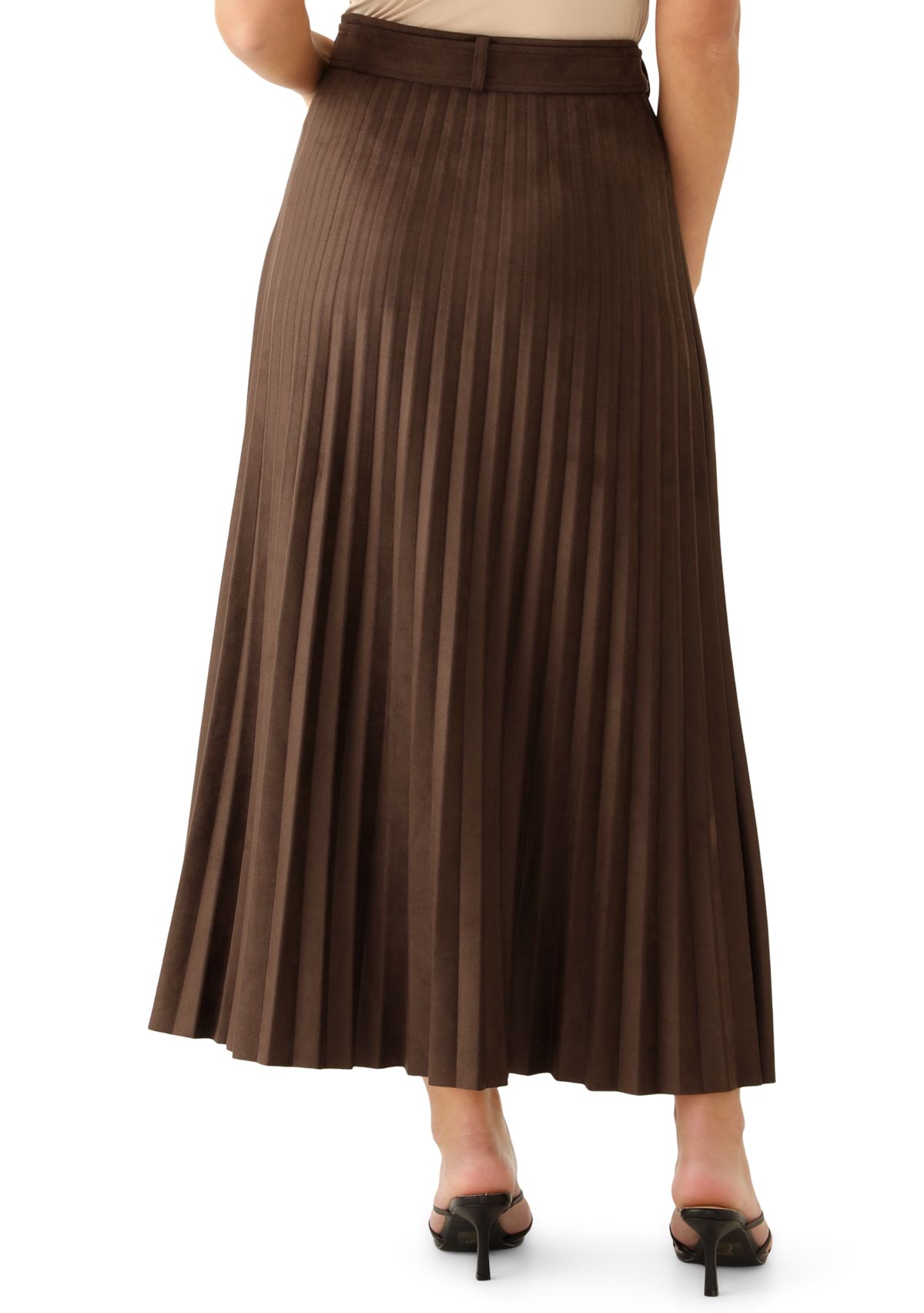 Womens Belted Pleated Faux Suede Midi Skirt