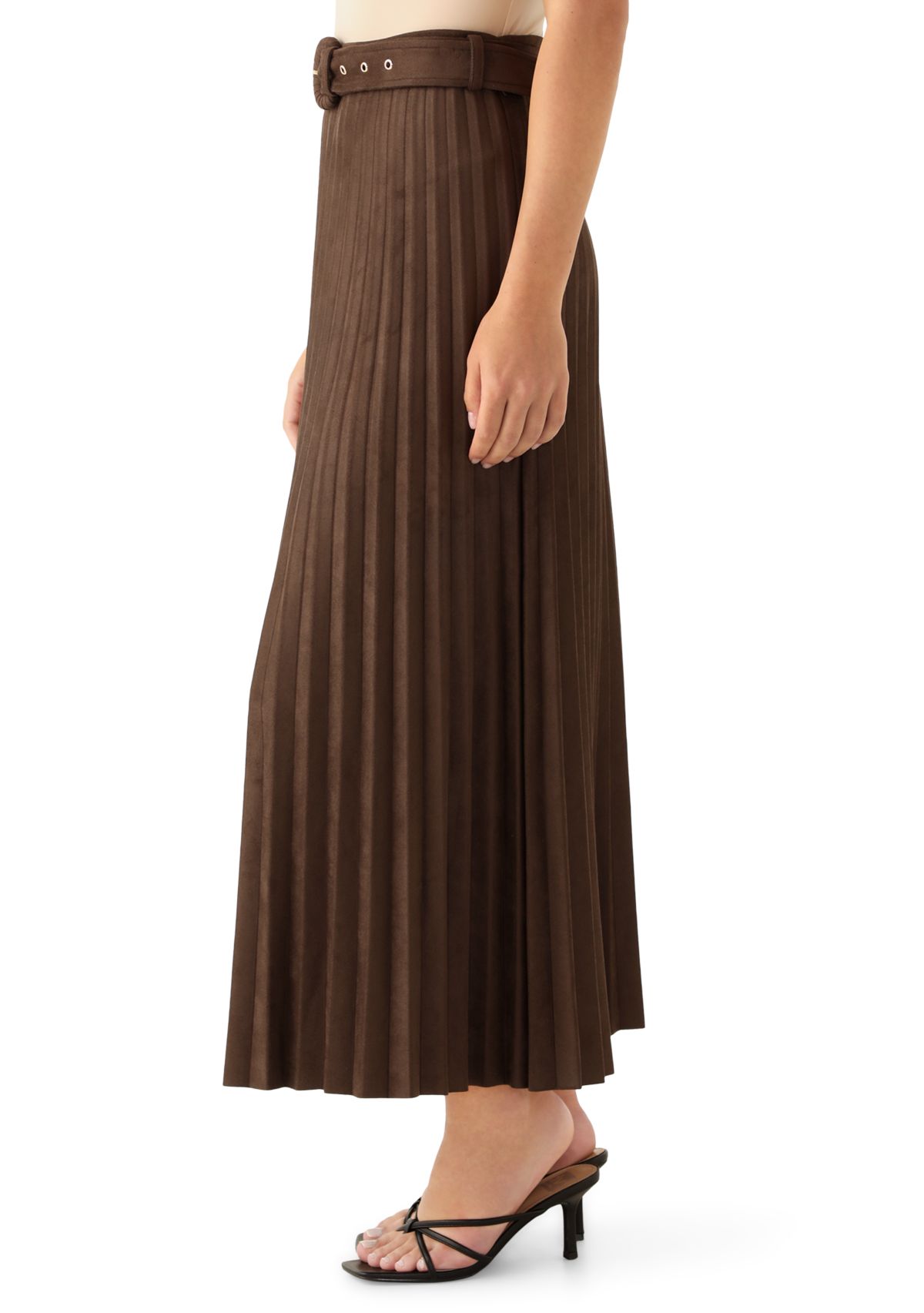 Womens Belted Pleated Faux Suede Midi Skirt