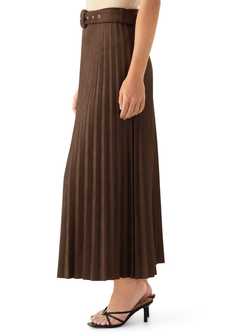 Womens Belted Pleated Faux Suede Midi Skirt