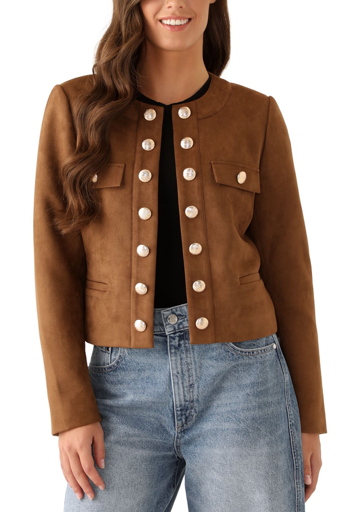 Womens Open Button Front Suede Jacket