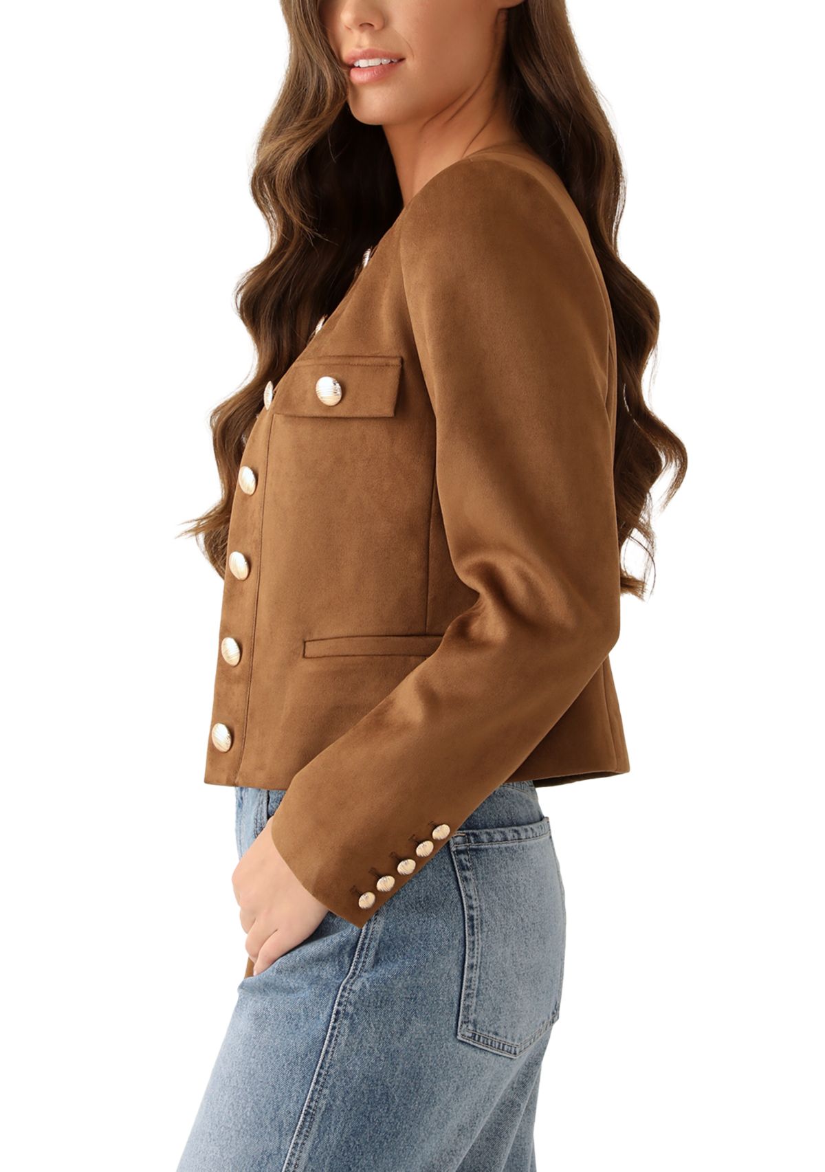 Womens Open Button Front Suede Jacket