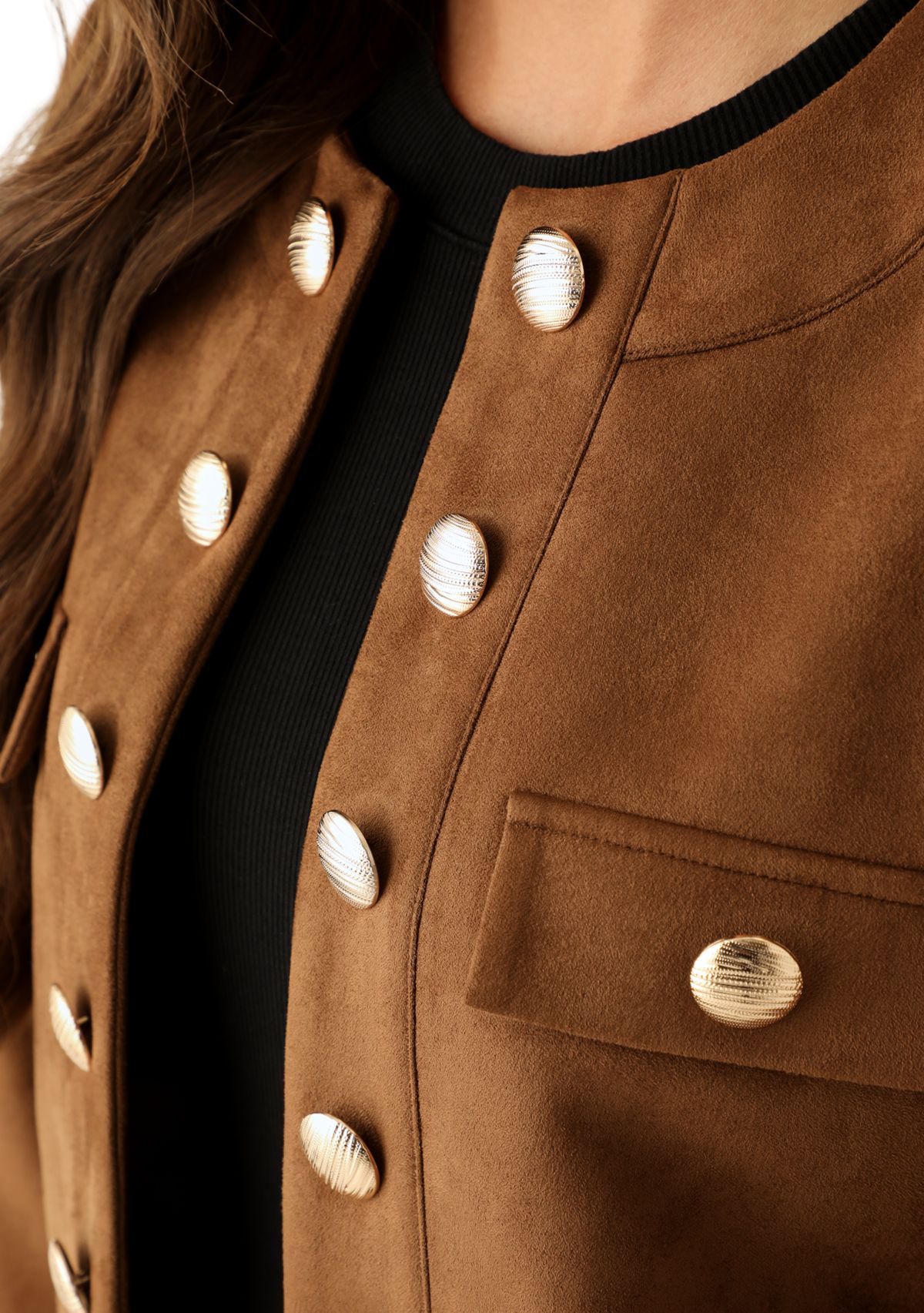 Womens Open Button Front Suede Jacket