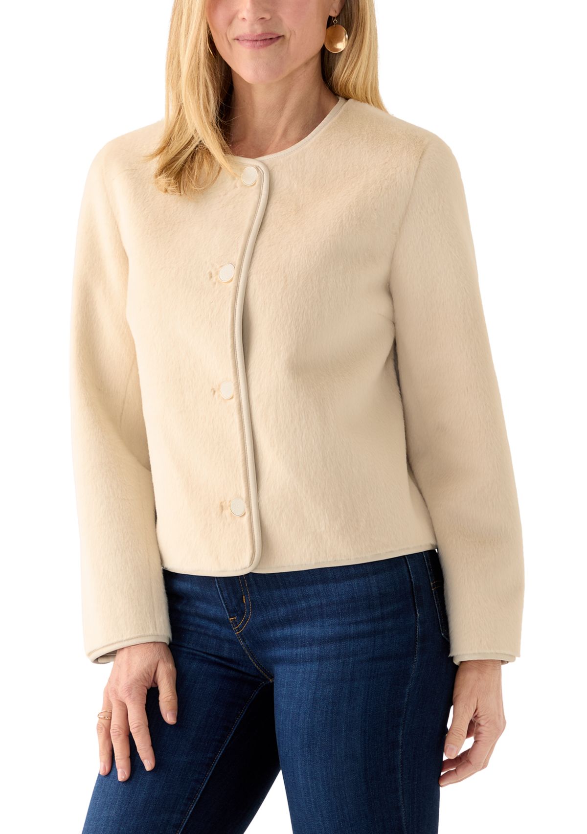 Womens Button Front Faux Fur Jacket