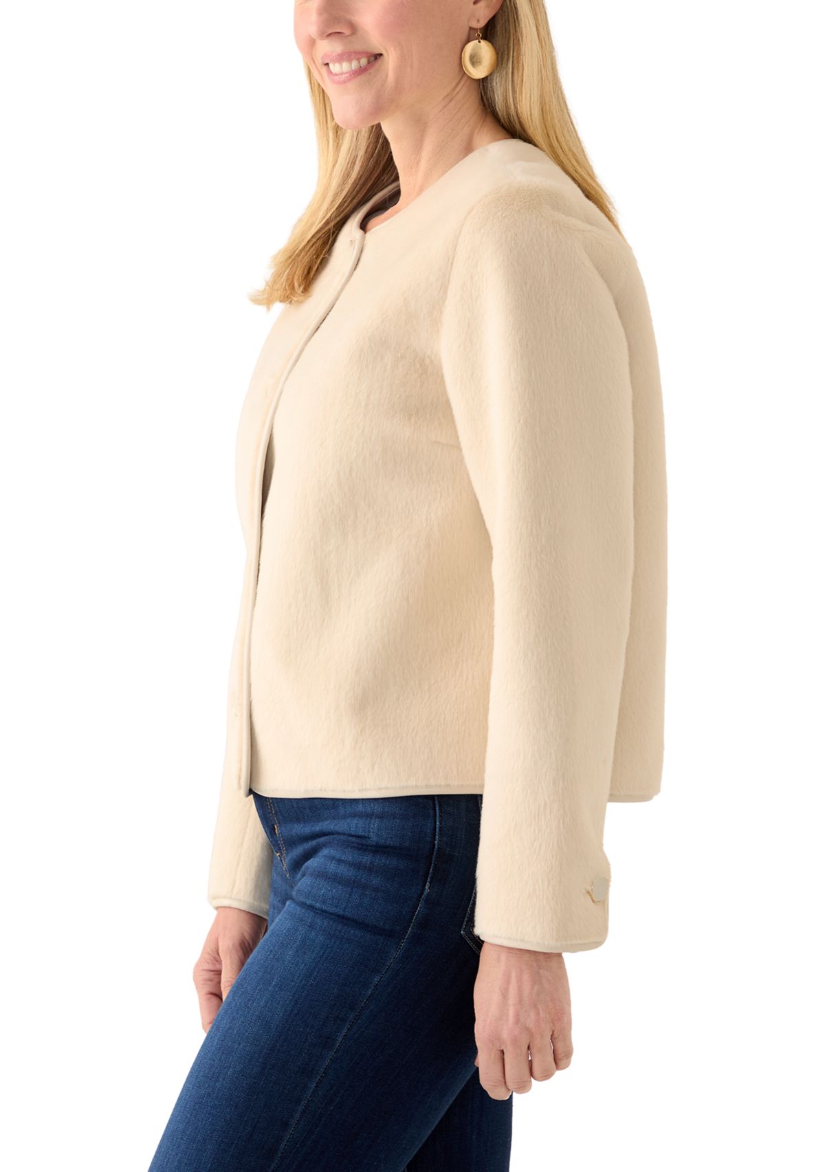 Womens Button Front Faux Fur Jacket