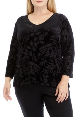 Grace Elements Women's Plus Size 3/4 Sleeve Velvet Burnout Top, Black, 1X