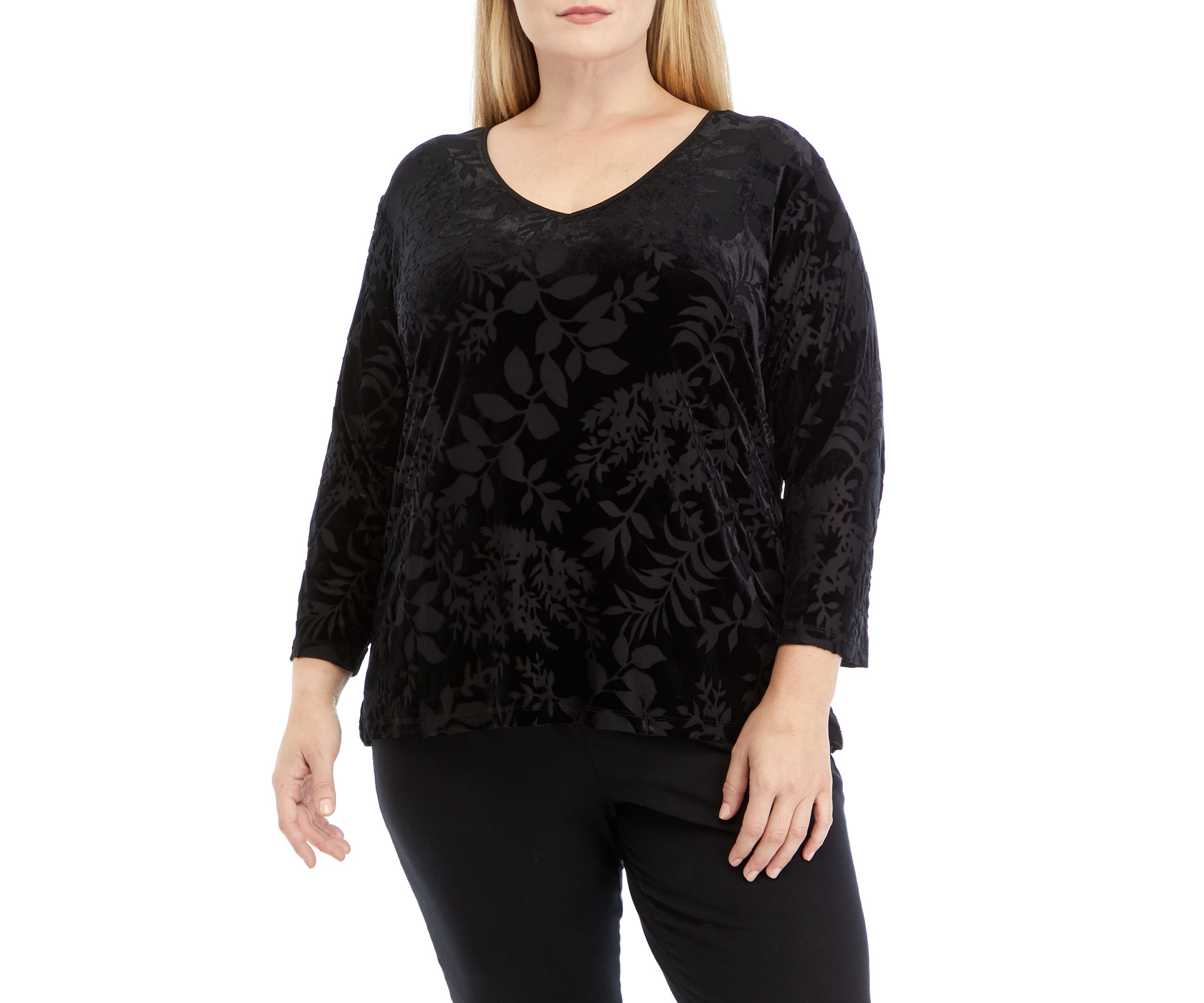 Plus Size 3/4 Sleeve Velvet Burnout Top