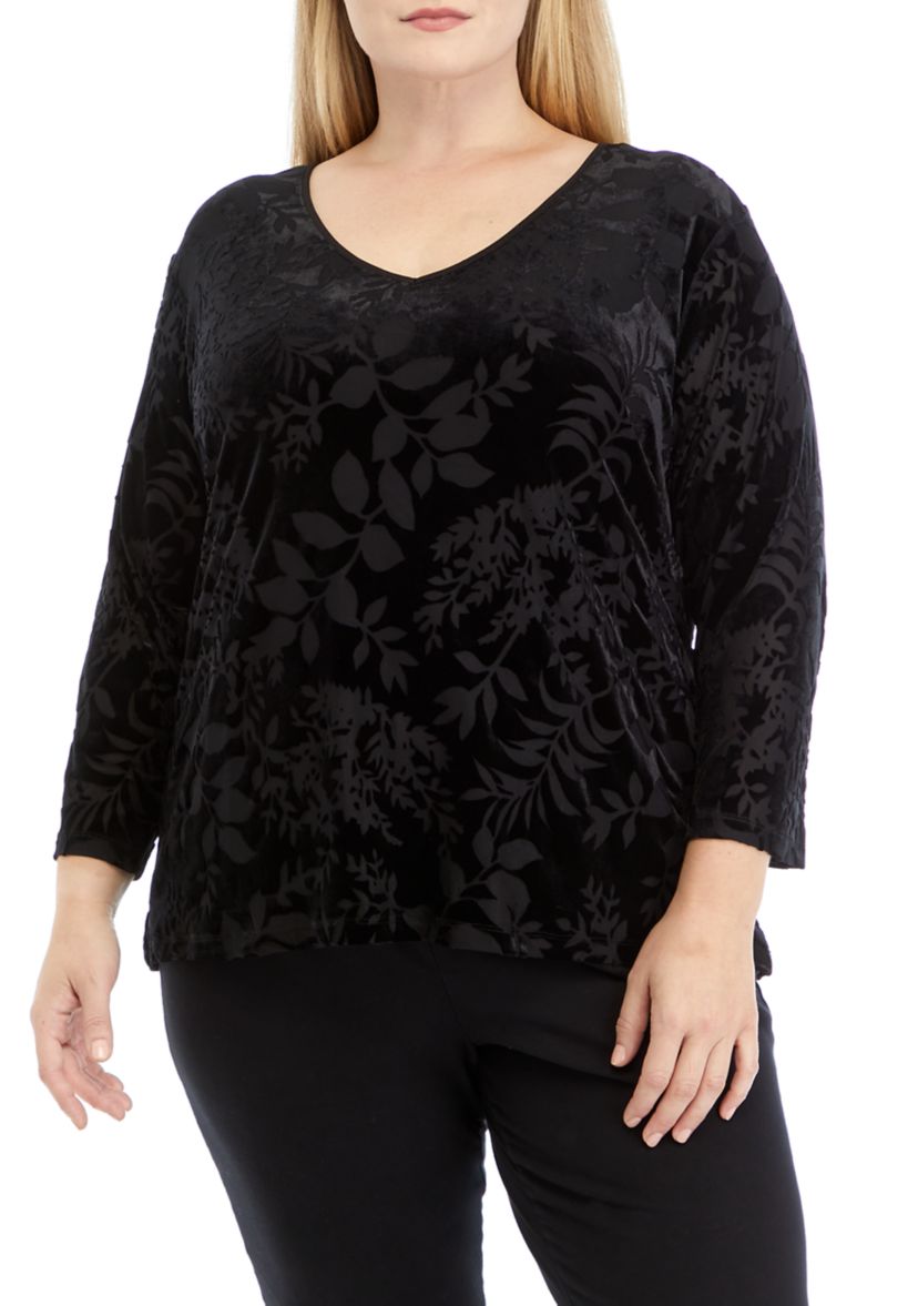 Plus Size 3/4 Sleeve Velvet Burnout Top