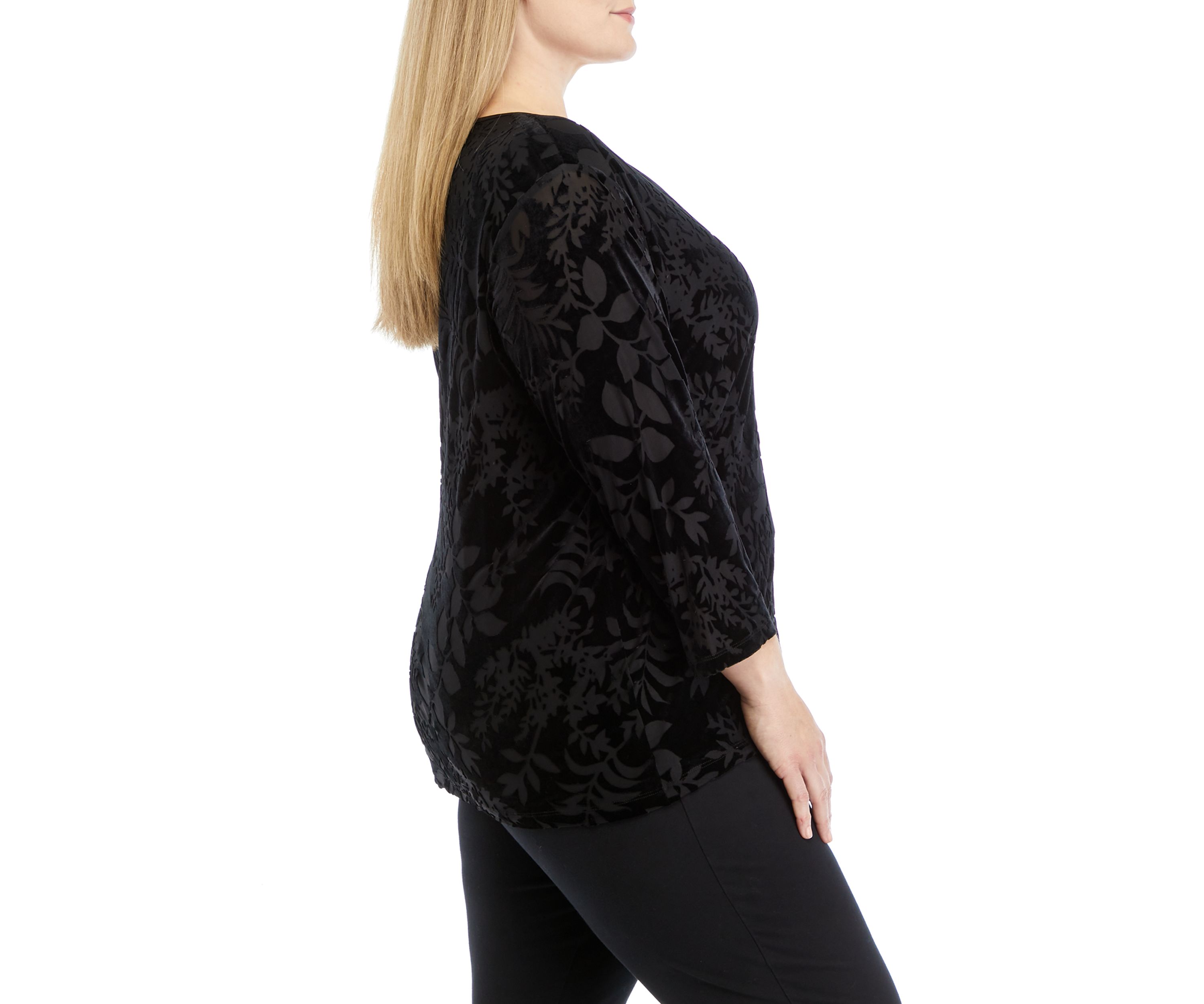 Plus Size 3/4 Sleeve Velvet Burnout Top