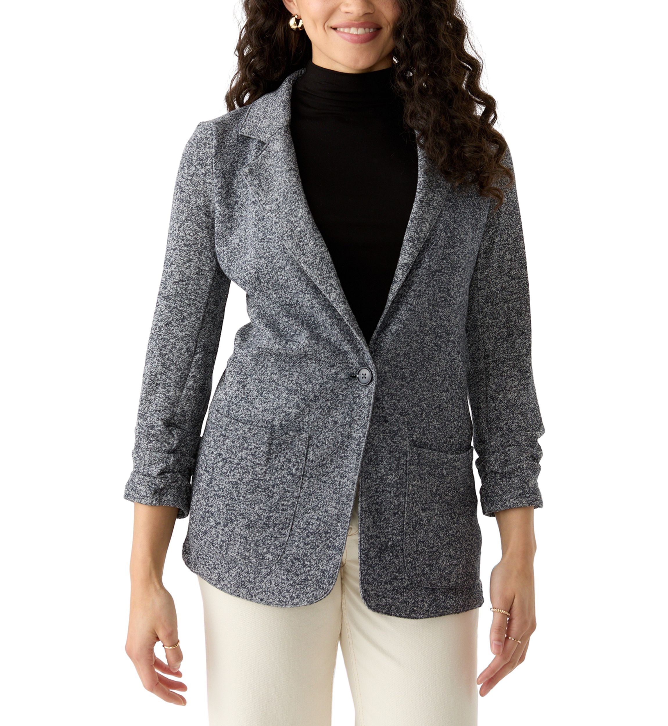 Petite 3/4 Ruched Sleeve Notch Collar One Button French Terry Jacket