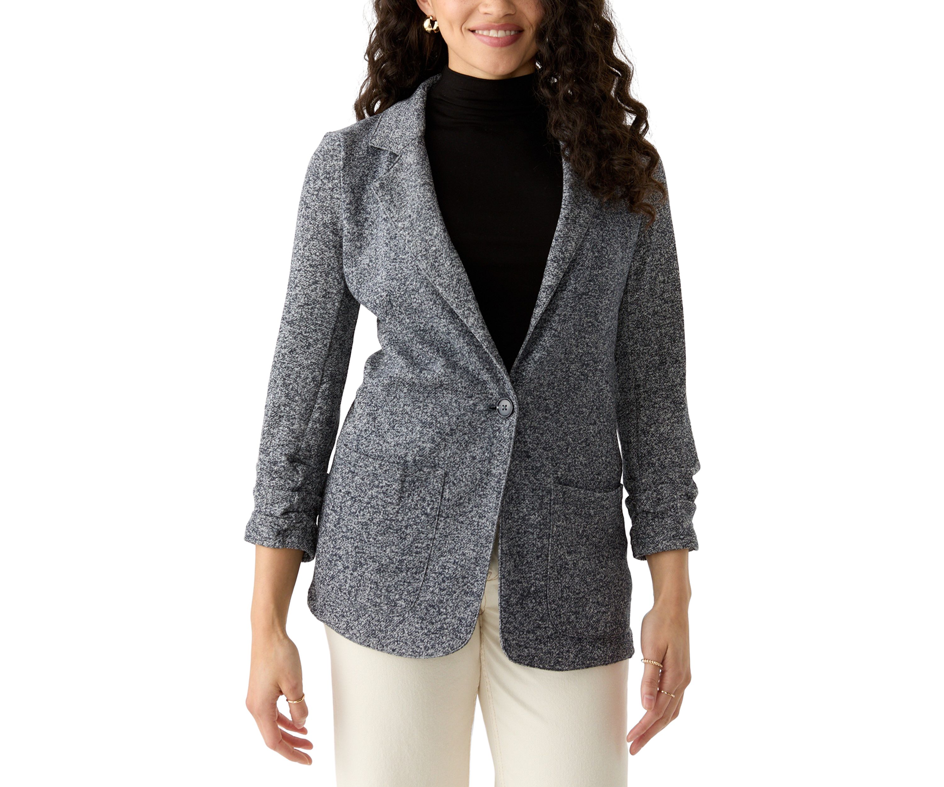 Petite 3/4 Ruched Sleeve Notch Collar One Button French Terry Jacket