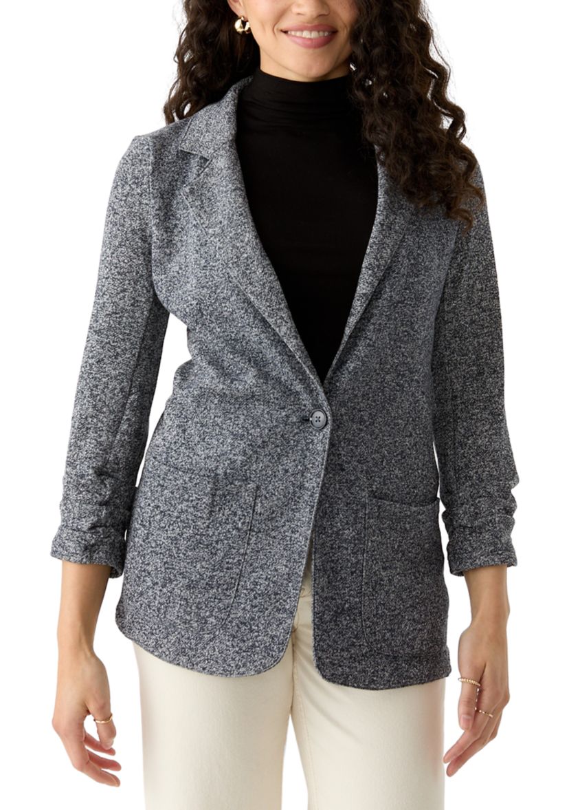 Petite 3/4 Ruched Sleeve Notch Collar One Button French Terry Jacket