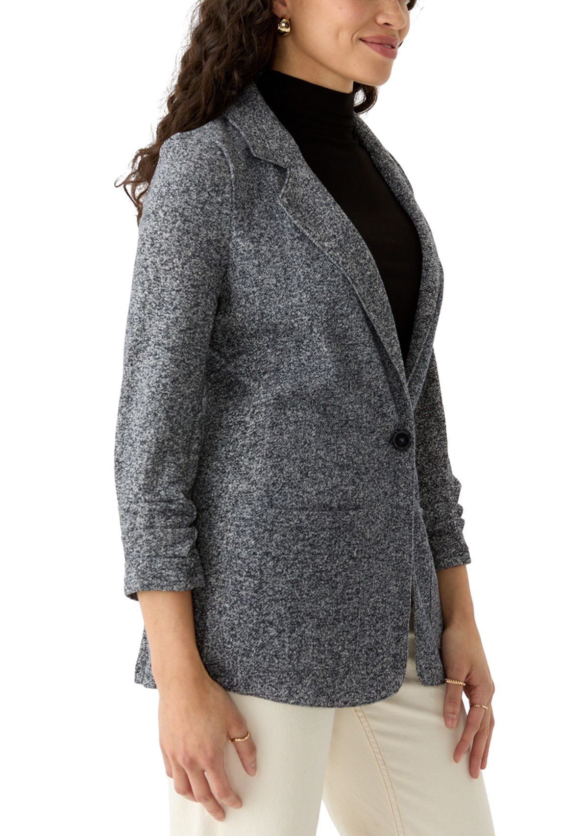Petite 3/4 Ruched Sleeve Notch Collar One Button French Terry Jacket