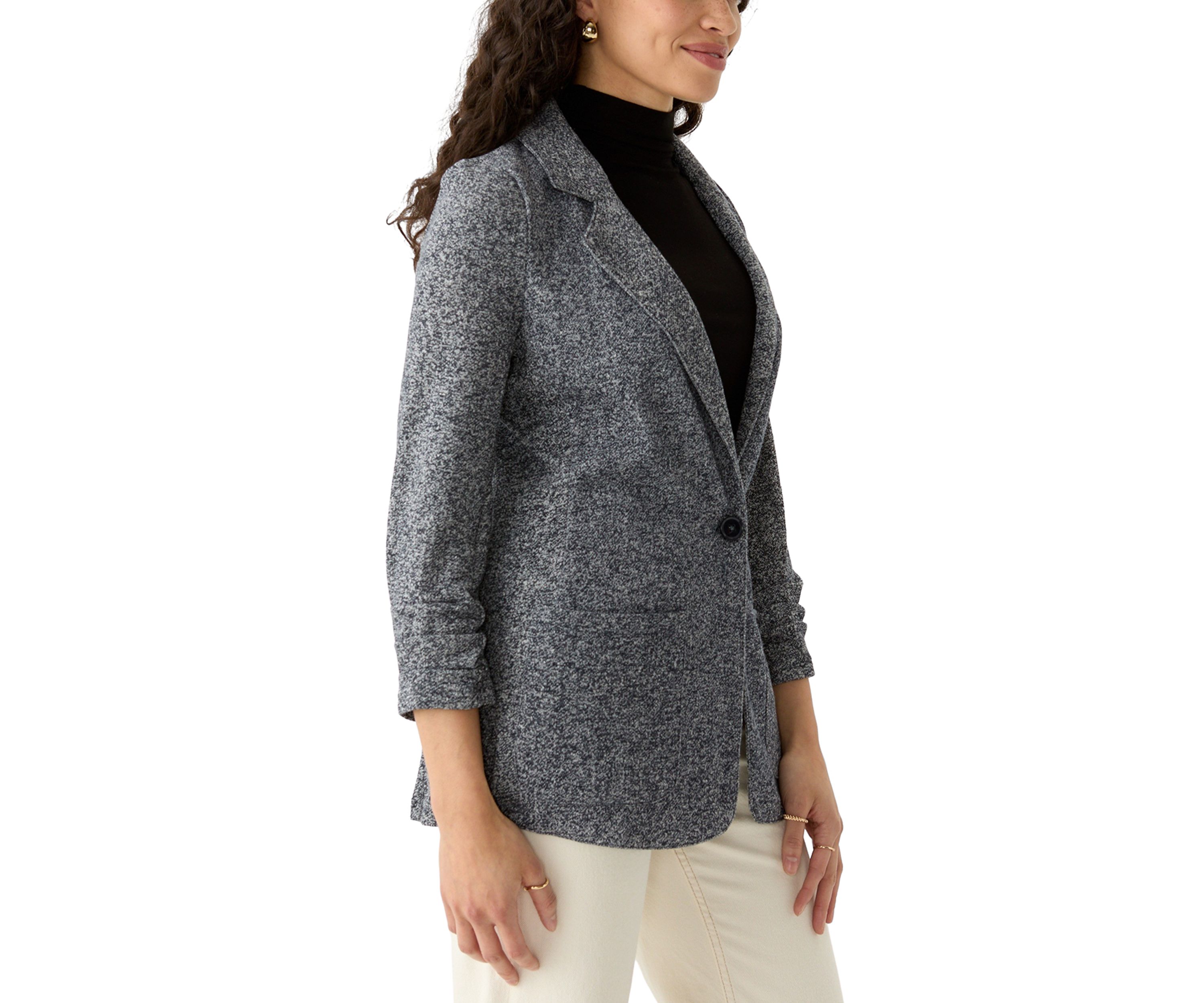Petite 3/4 Ruched Sleeve Notch Collar One Button French Terry Jacket