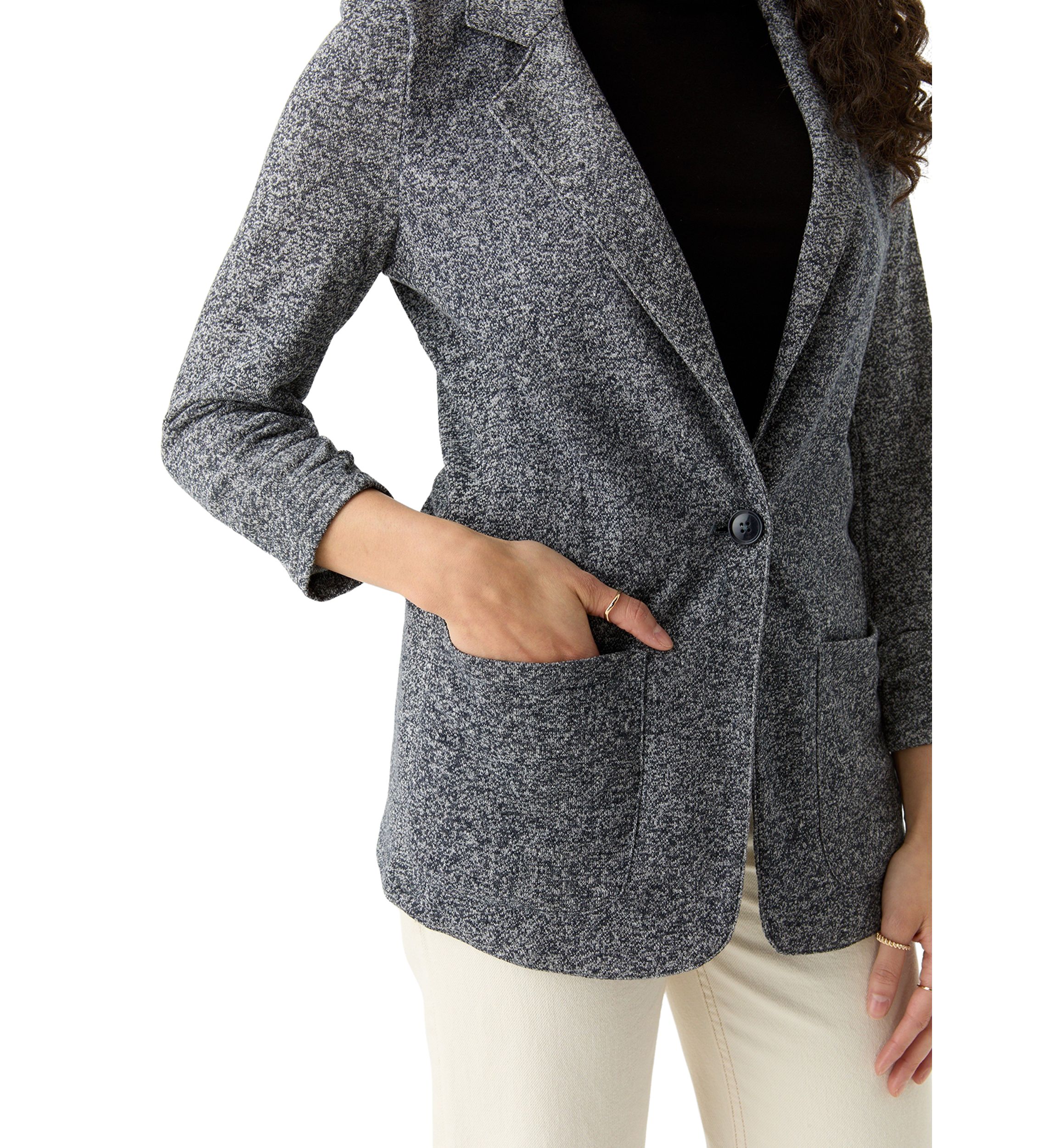 Petite 3/4 Ruched Sleeve Notch Collar One Button French Terry Jacket