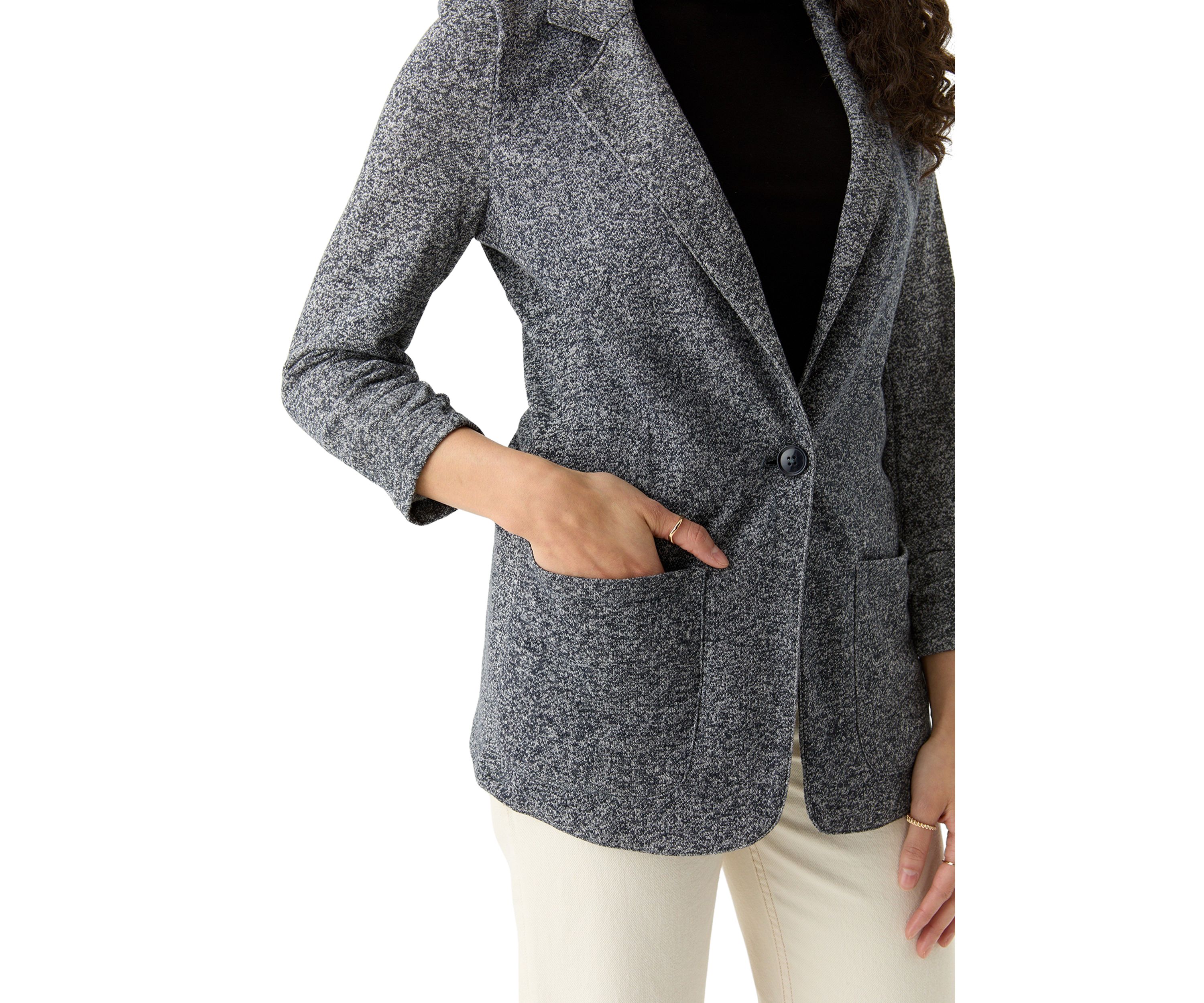 Petite 3/4 Ruched Sleeve Notch Collar One Button French Terry Jacket