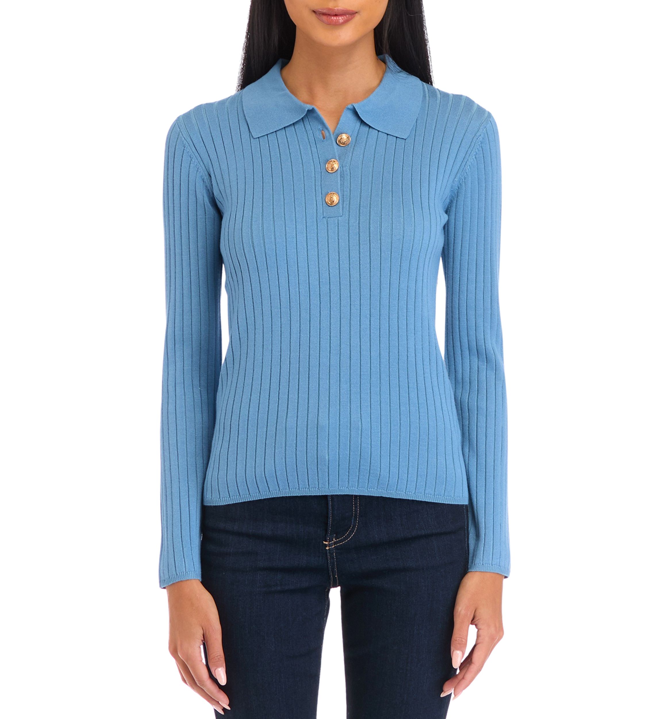 Petite Ribbed Polo Collar Button Placket Sweater 
