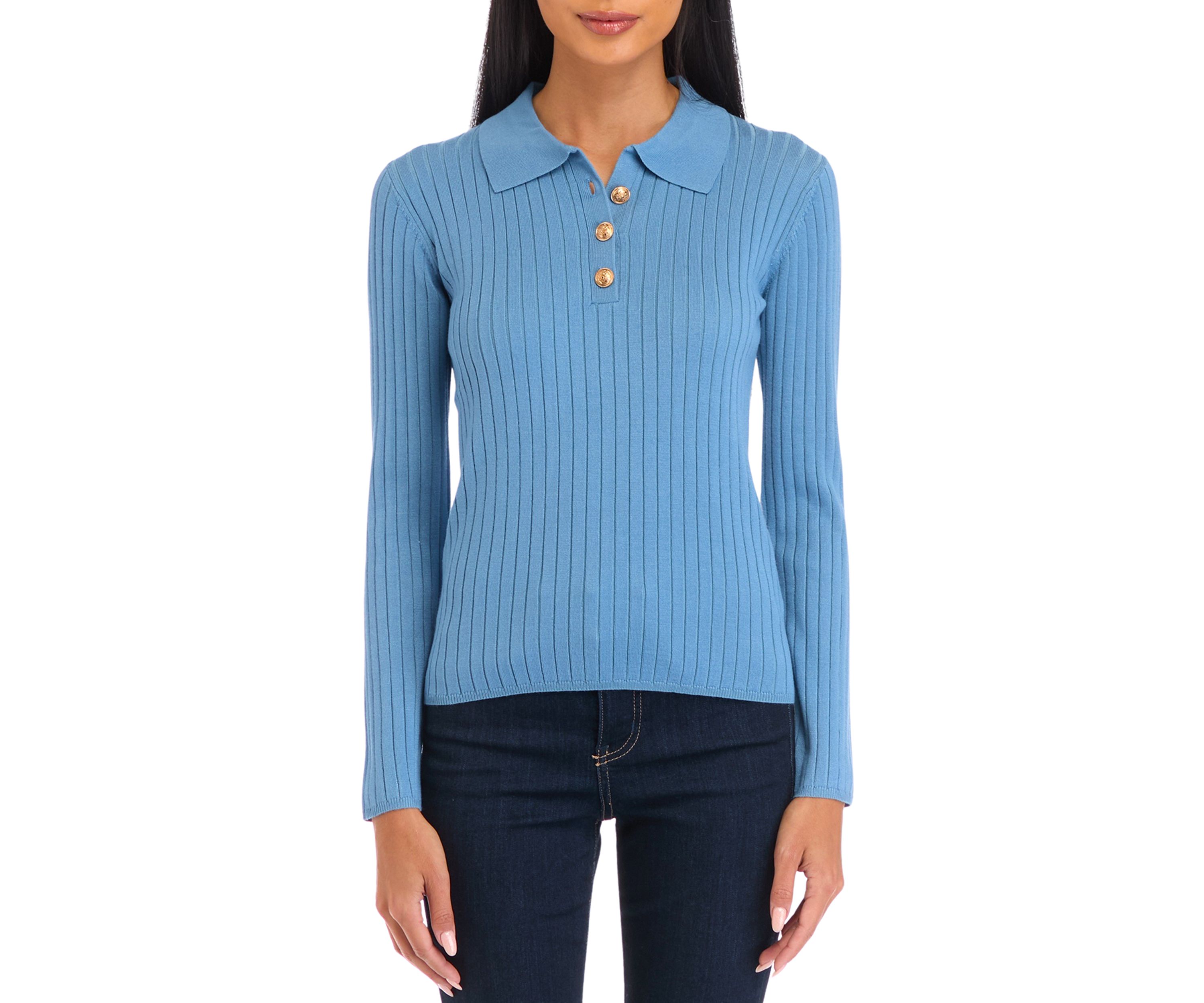 Petite Ribbed Polo Collar Button Placket Sweater 