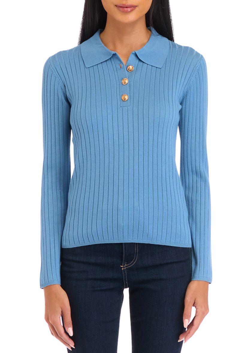 Petite Ribbed Polo Collar Button Placket Sweater 
