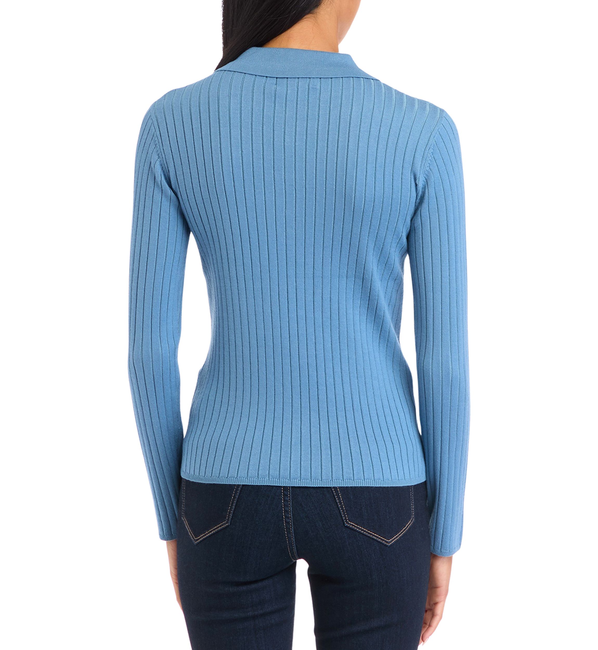 Petite Ribbed Polo Collar Button Placket Sweater 
