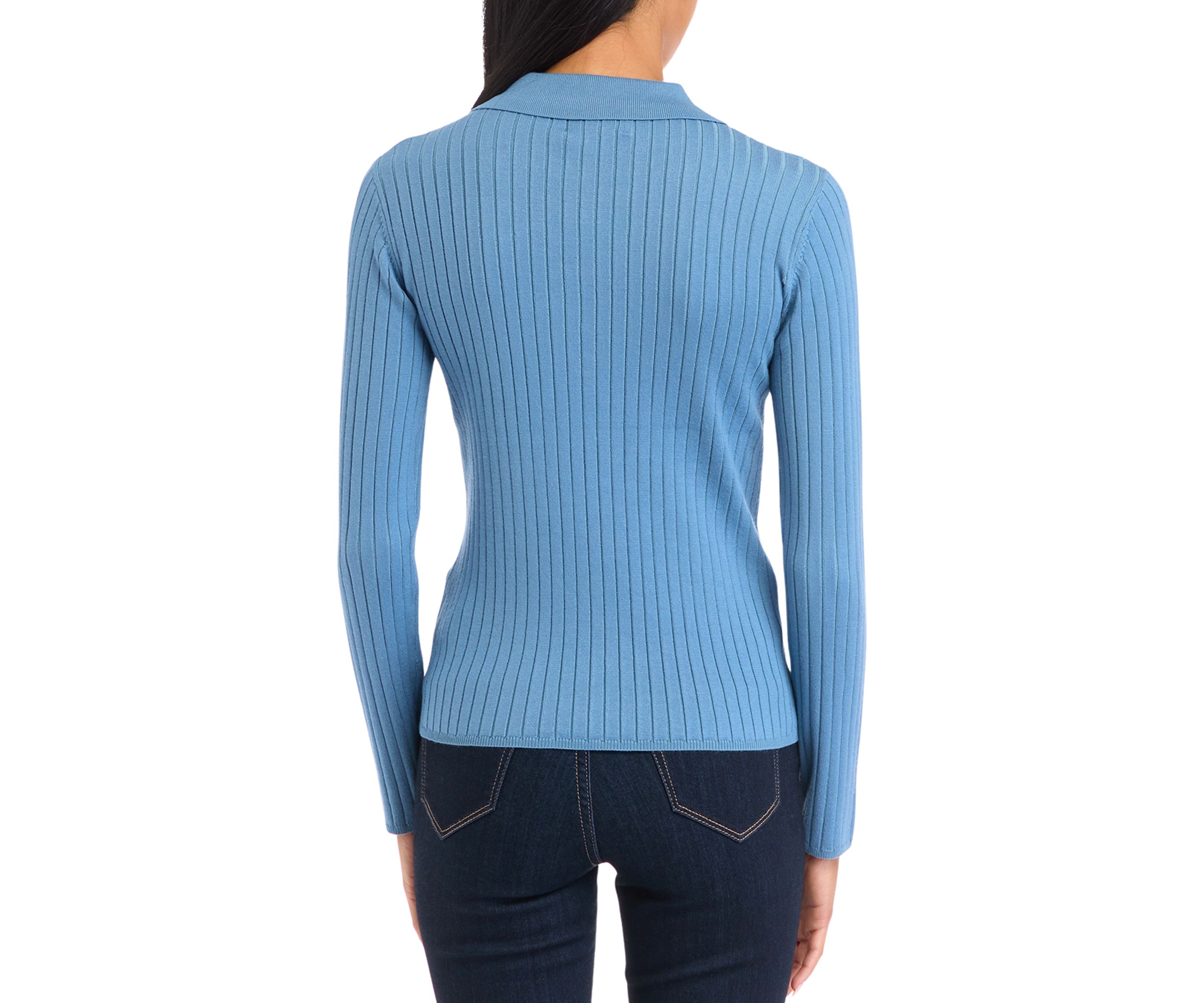 Petite Ribbed Polo Collar Button Placket Sweater 