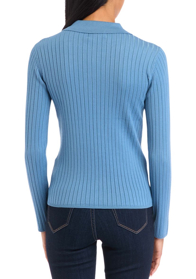 Petite Ribbed Polo Collar Button Placket Sweater 