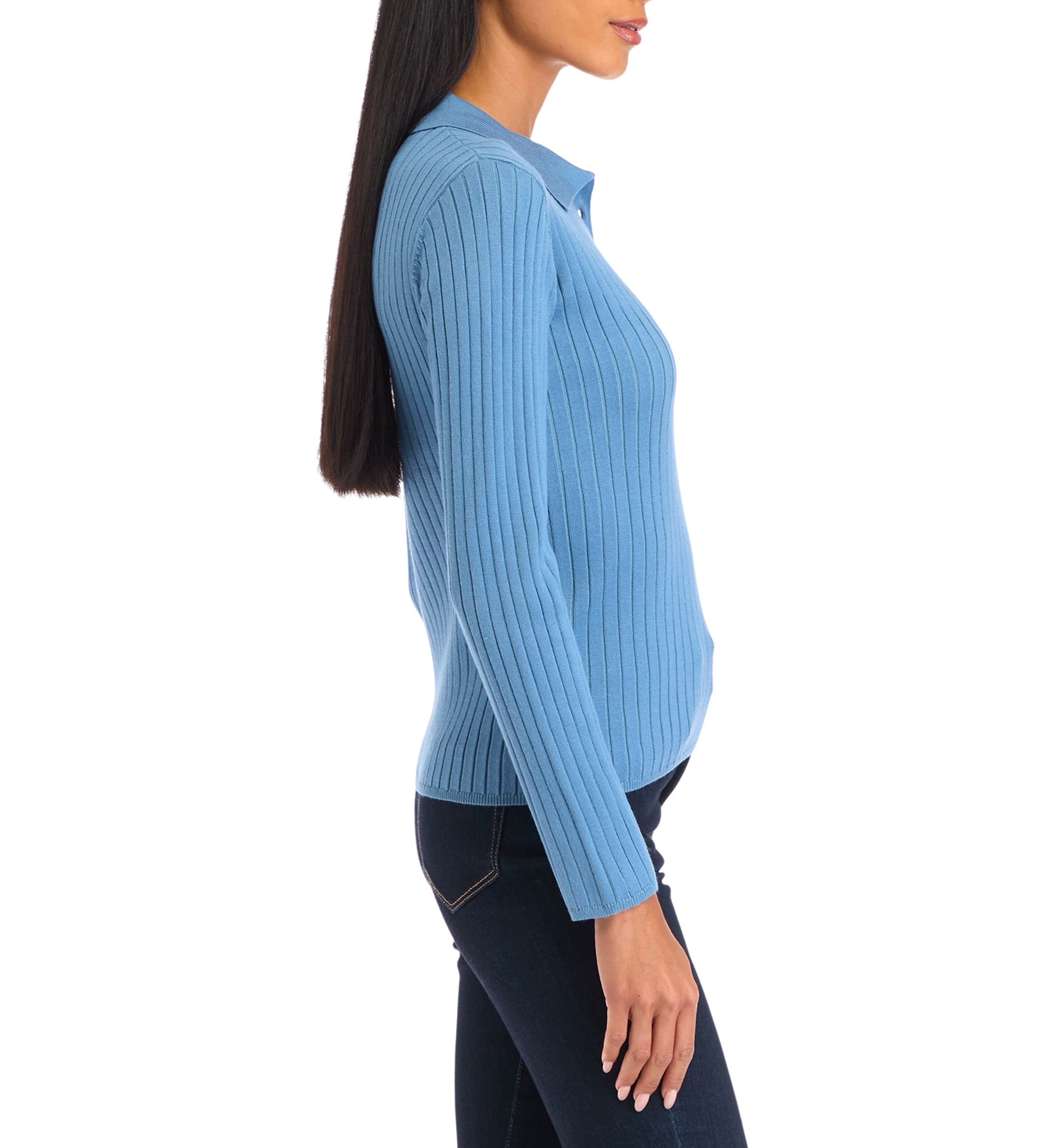 Petite Ribbed Polo Collar Button Placket Sweater 