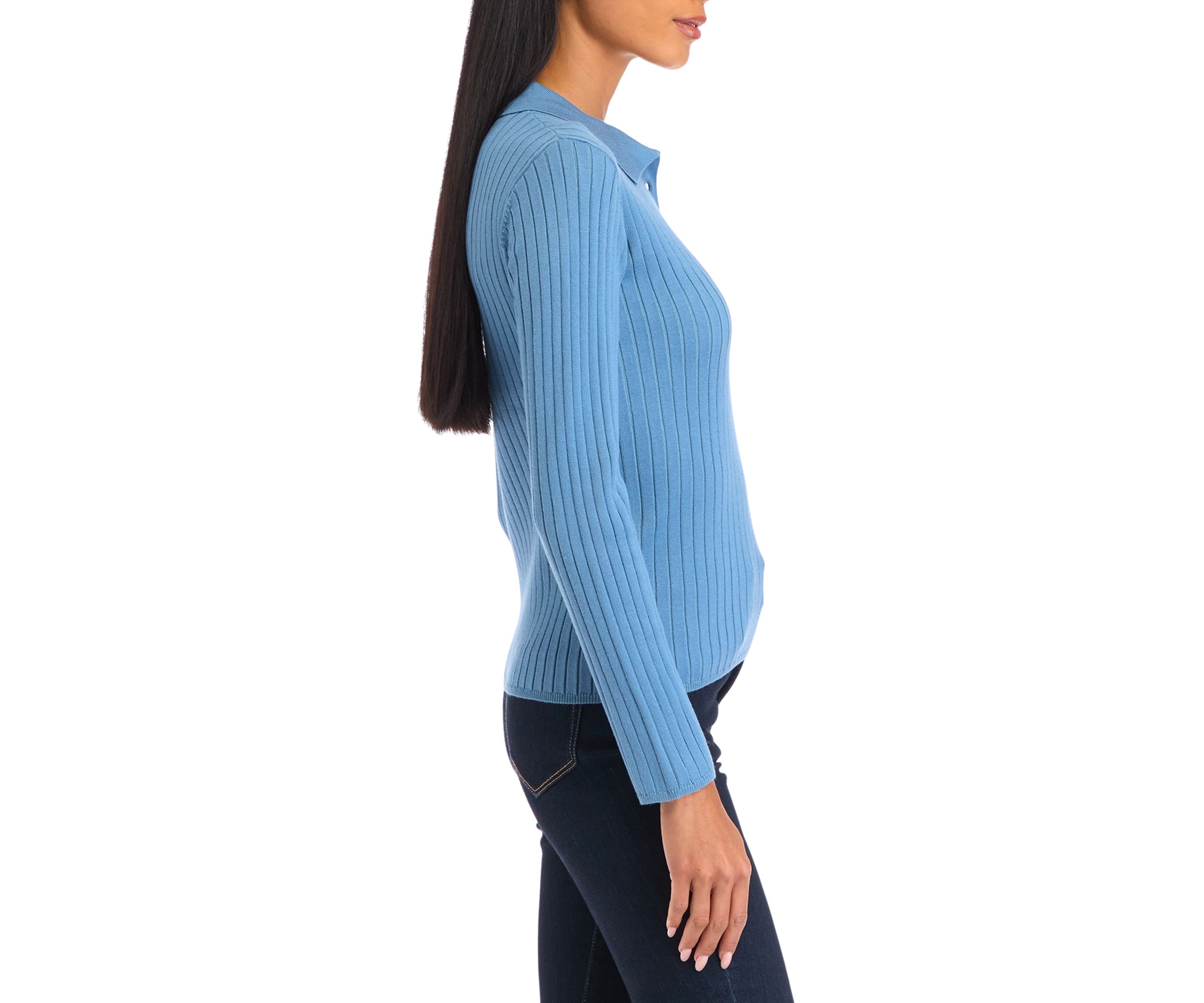 Petite Ribbed Polo Collar Button Placket Sweater 