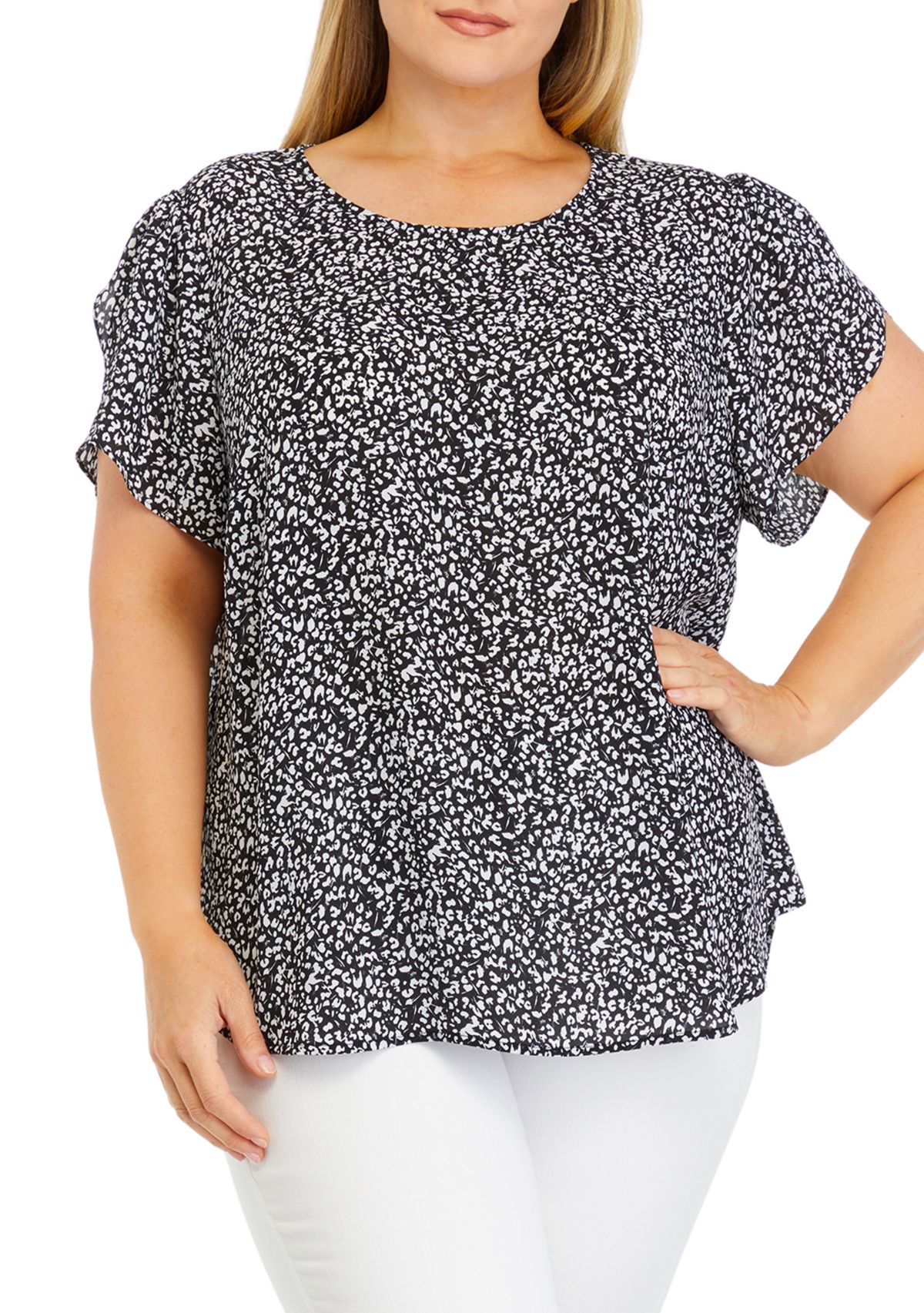 Plus Size Ruffle Cap Sleeve Button Down Back Panel Blouse