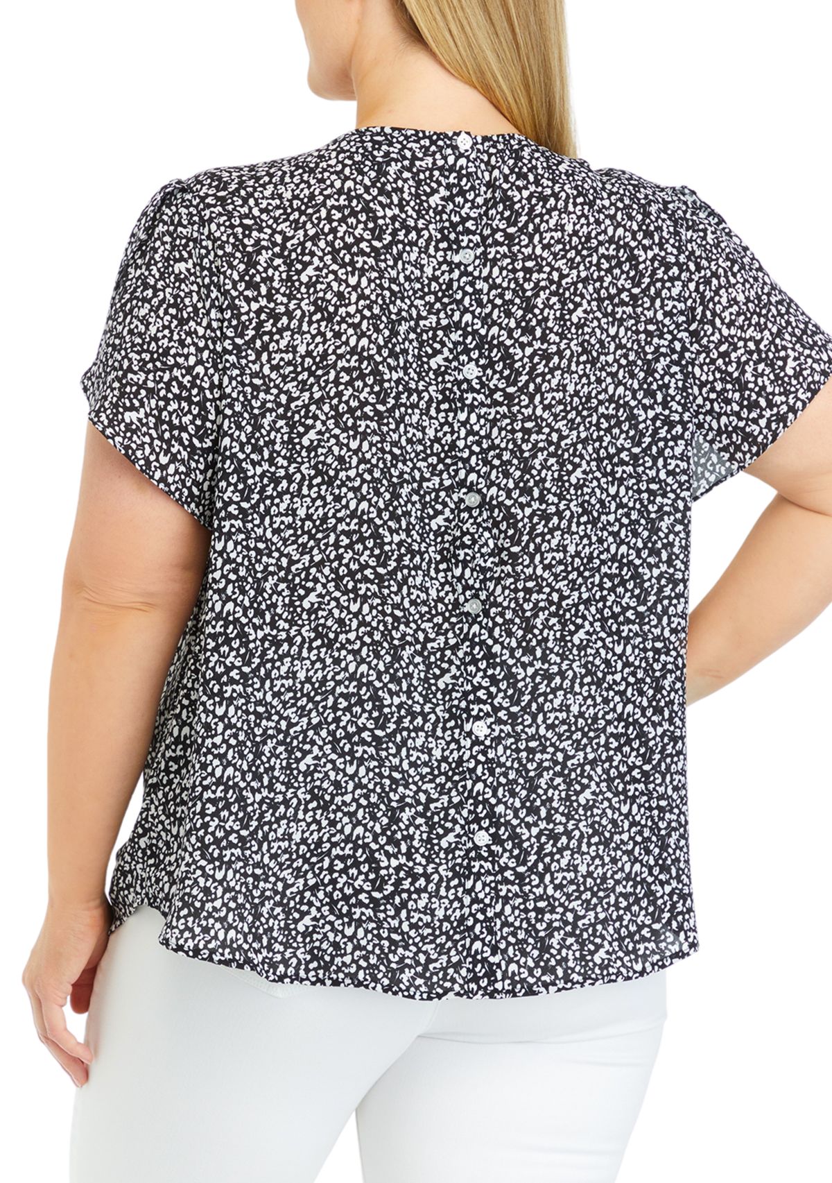 Plus Size Ruffle Cap Sleeve Button Down Back Panel Blouse