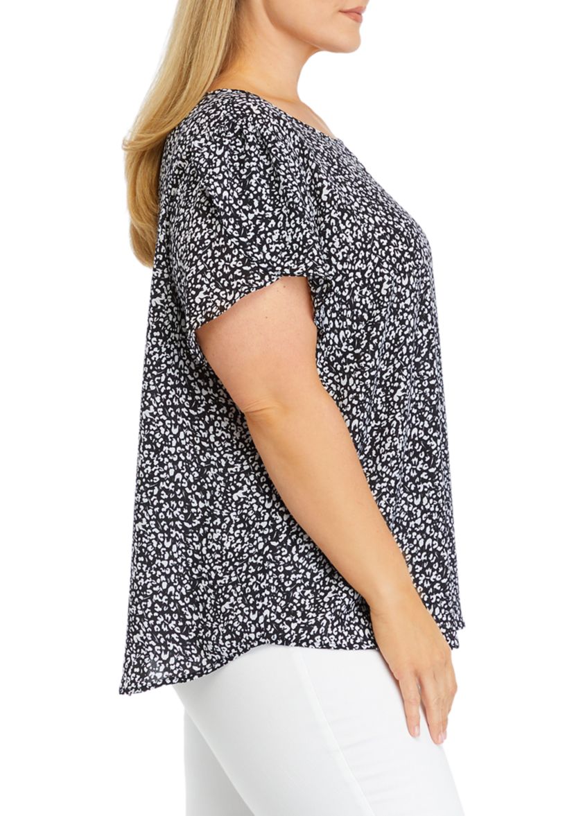 Plus Size Ruffle Cap Sleeve Button Down Back Panel Blouse