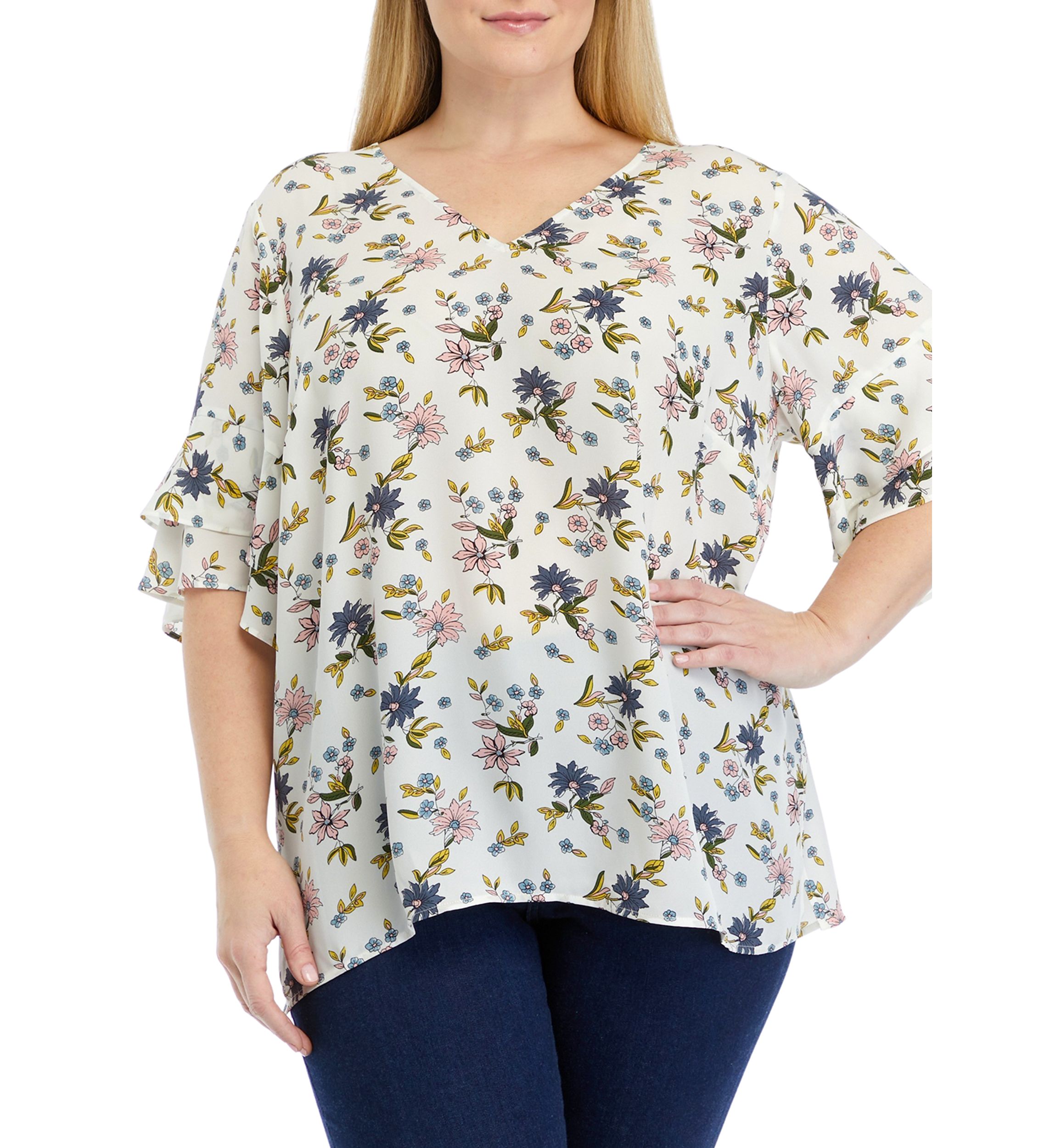 Plus Size Elbow Ruffle Sleeve V-Neck Woven Blouse