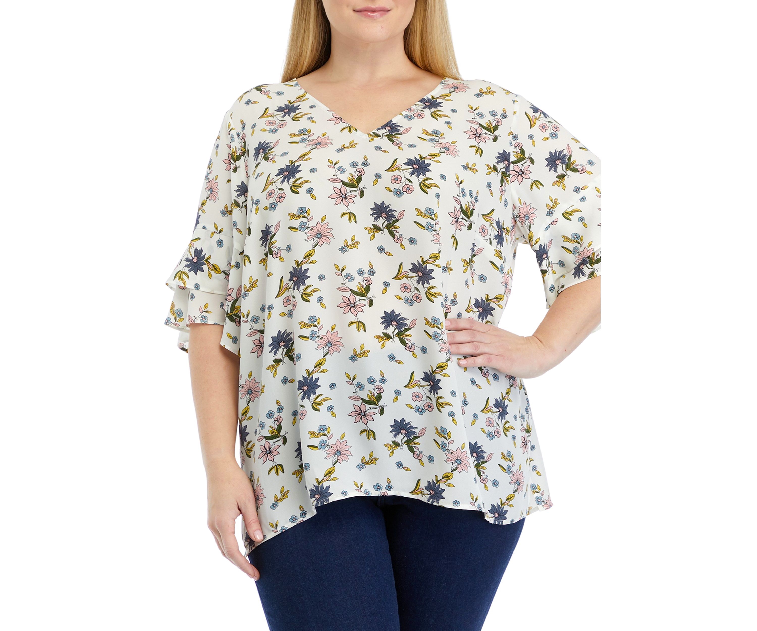 Plus Size Elbow Ruffle Sleeve V-Neck Woven Blouse