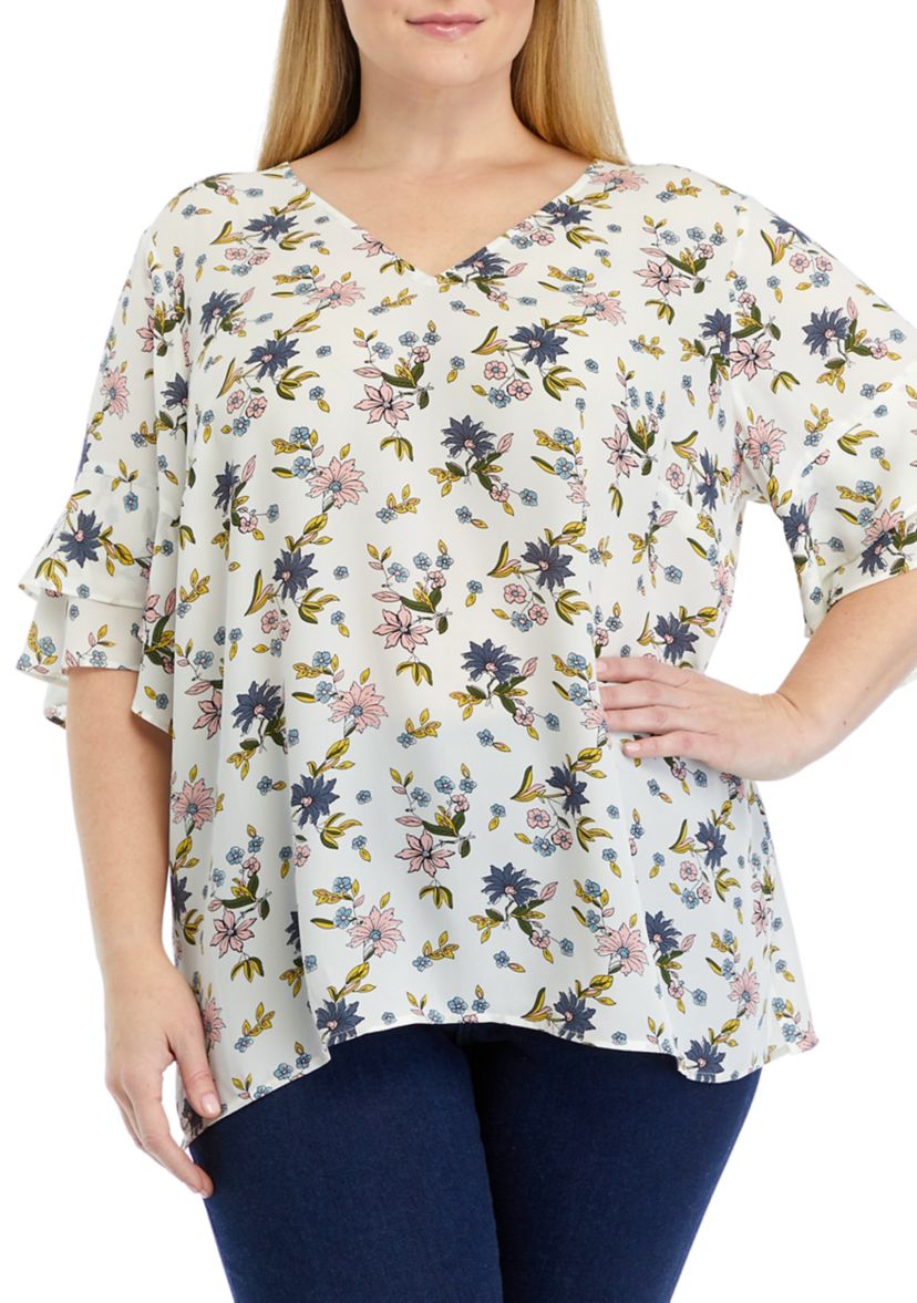 Plus Size Elbow Ruffle Sleeve V-Neck Woven Blouse