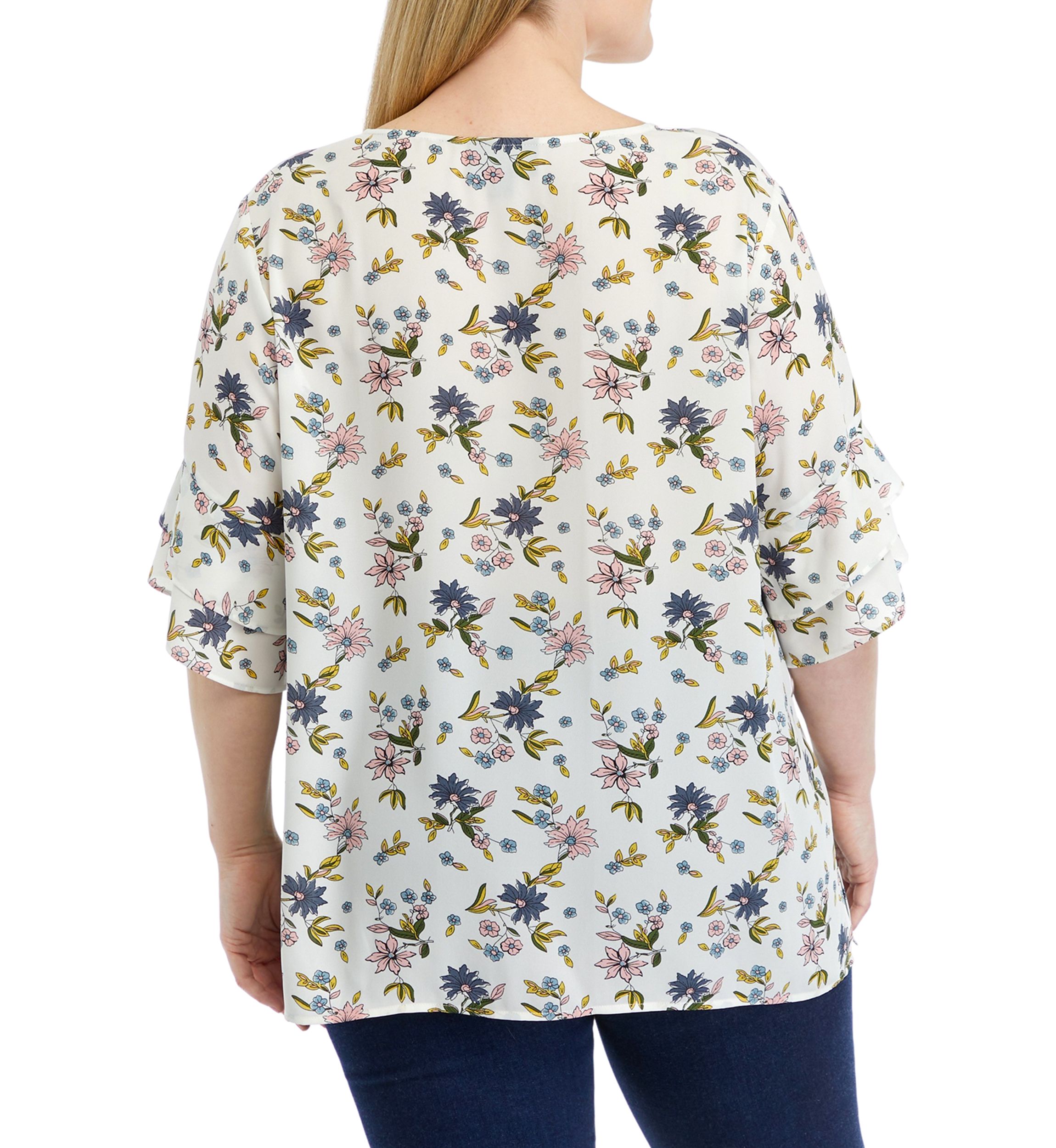 Plus Size Elbow Ruffle Sleeve V-Neck Woven Blouse