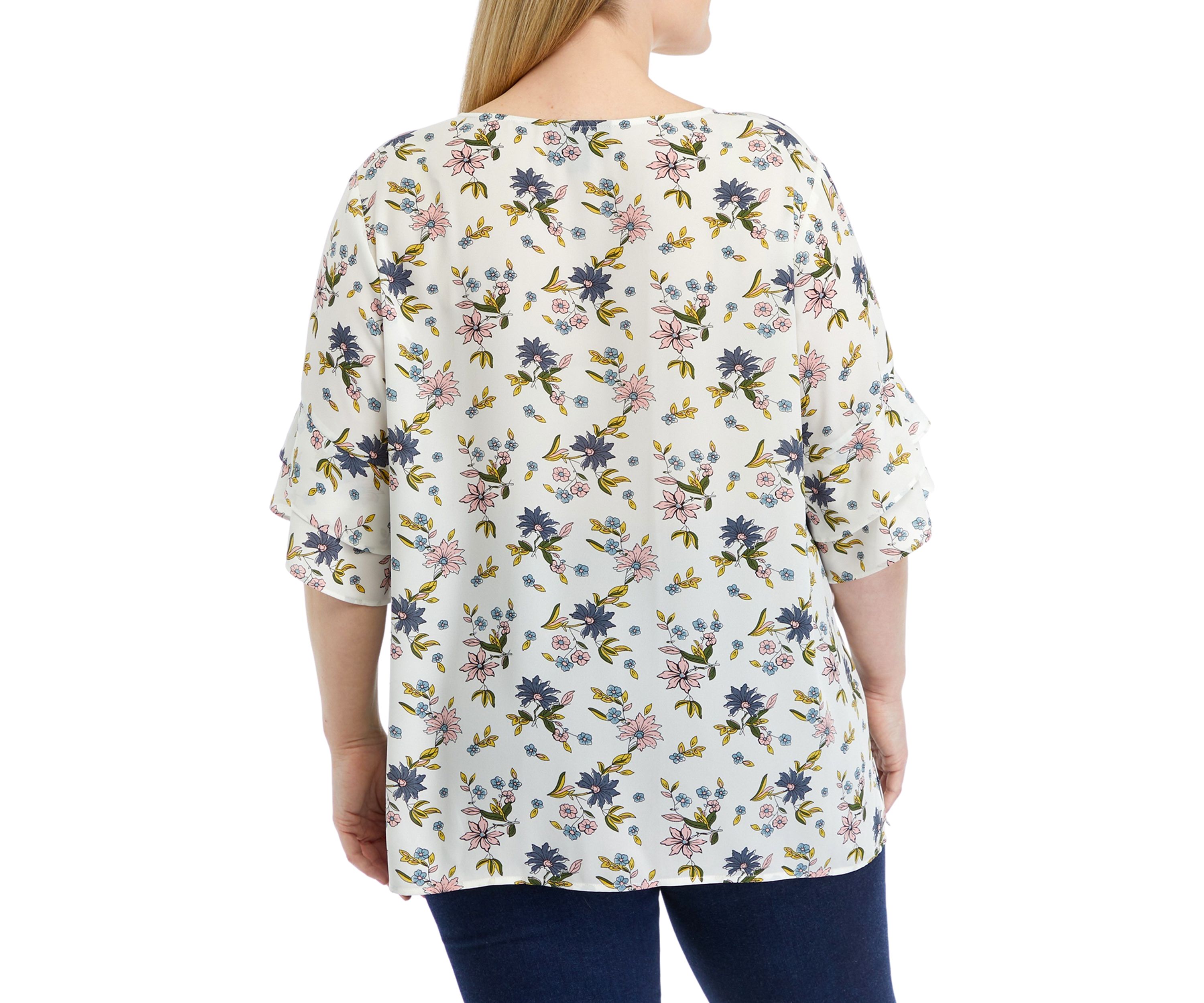 Plus Size Elbow Ruffle Sleeve V-Neck Woven Blouse