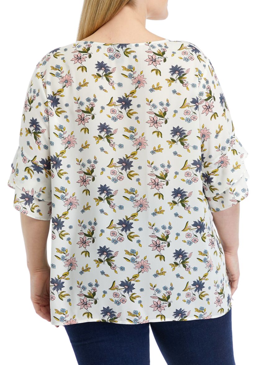 Plus Size Elbow Ruffle Sleeve V-Neck Woven Blouse