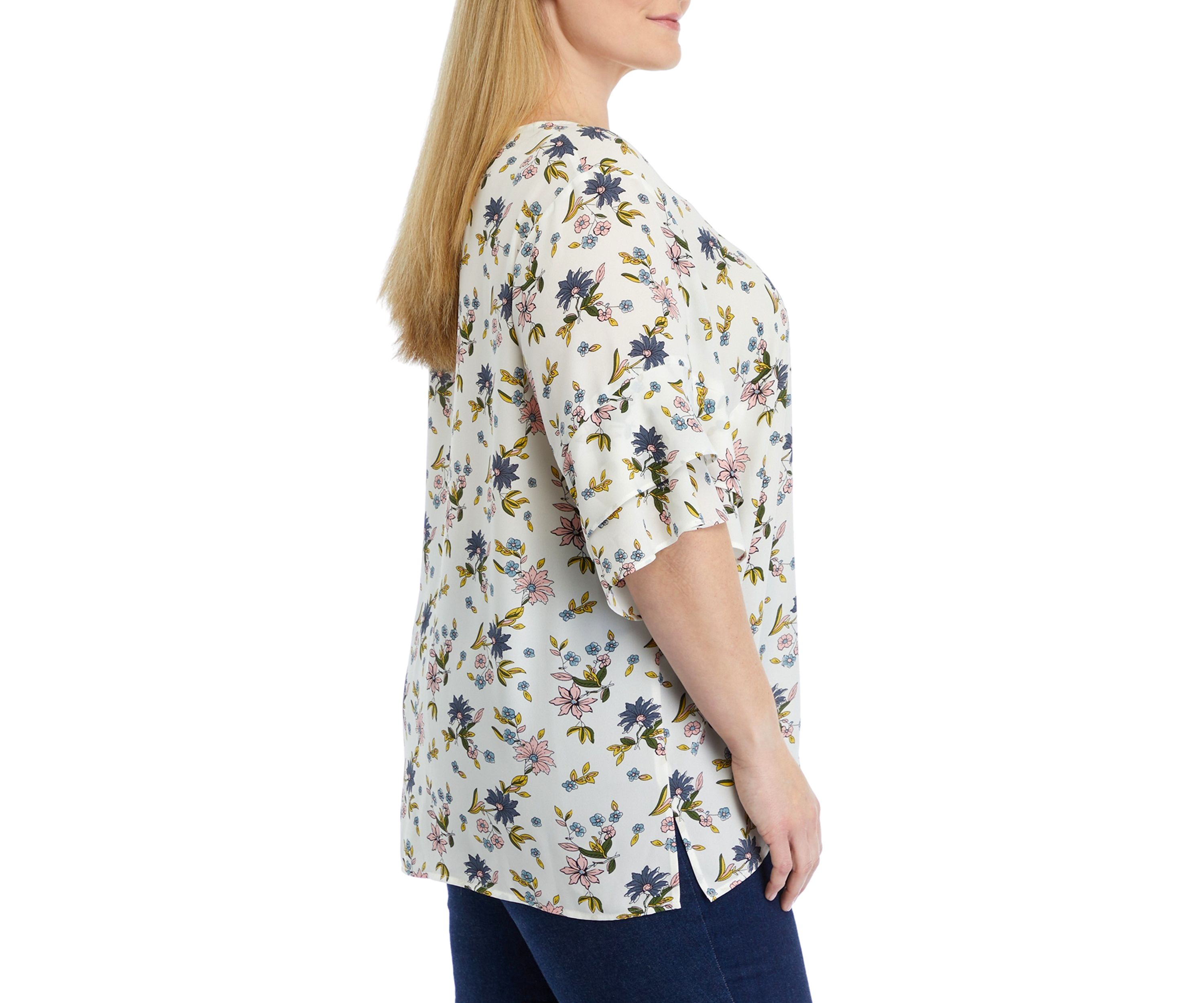 Plus Size Elbow Ruffle Sleeve V-Neck Woven Blouse