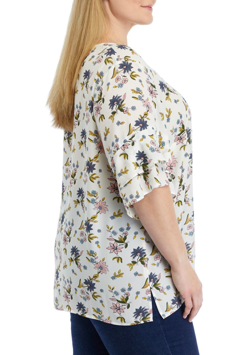 Plus Size Elbow Ruffle Sleeve V-Neck Woven Blouse