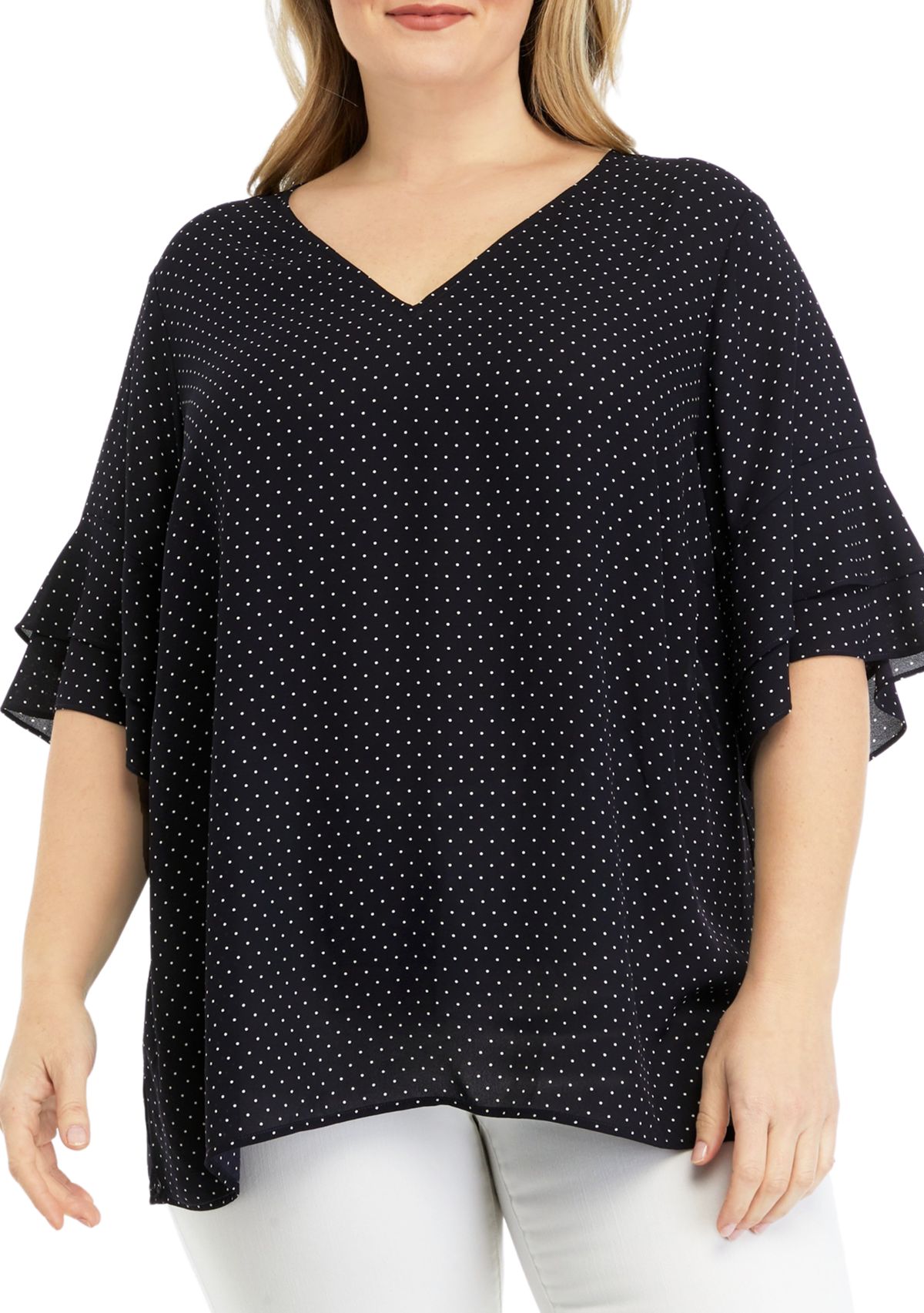  Plus Size Elbow V-Neck Woven Blouse with Ruffle Sleeve Detail 