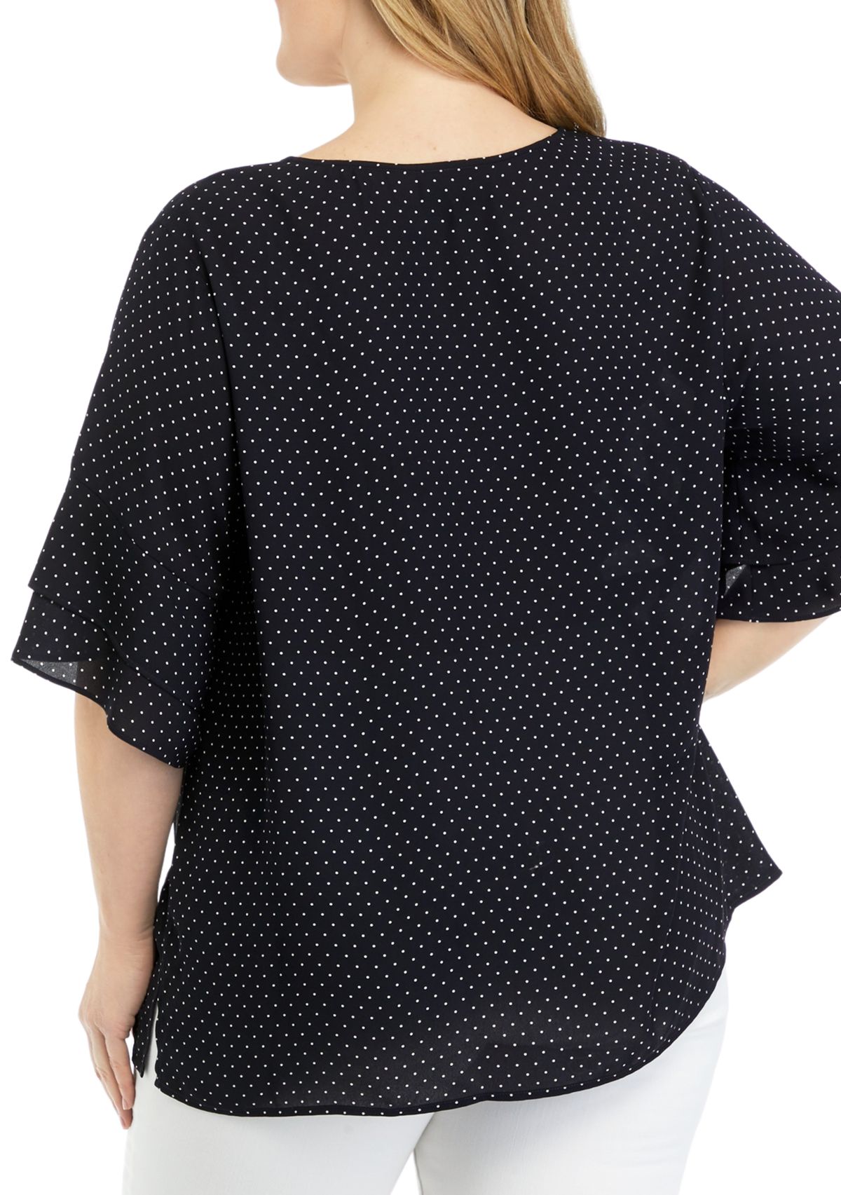  Plus Size Elbow V-Neck Woven Blouse with Ruffle Sleeve Detail 