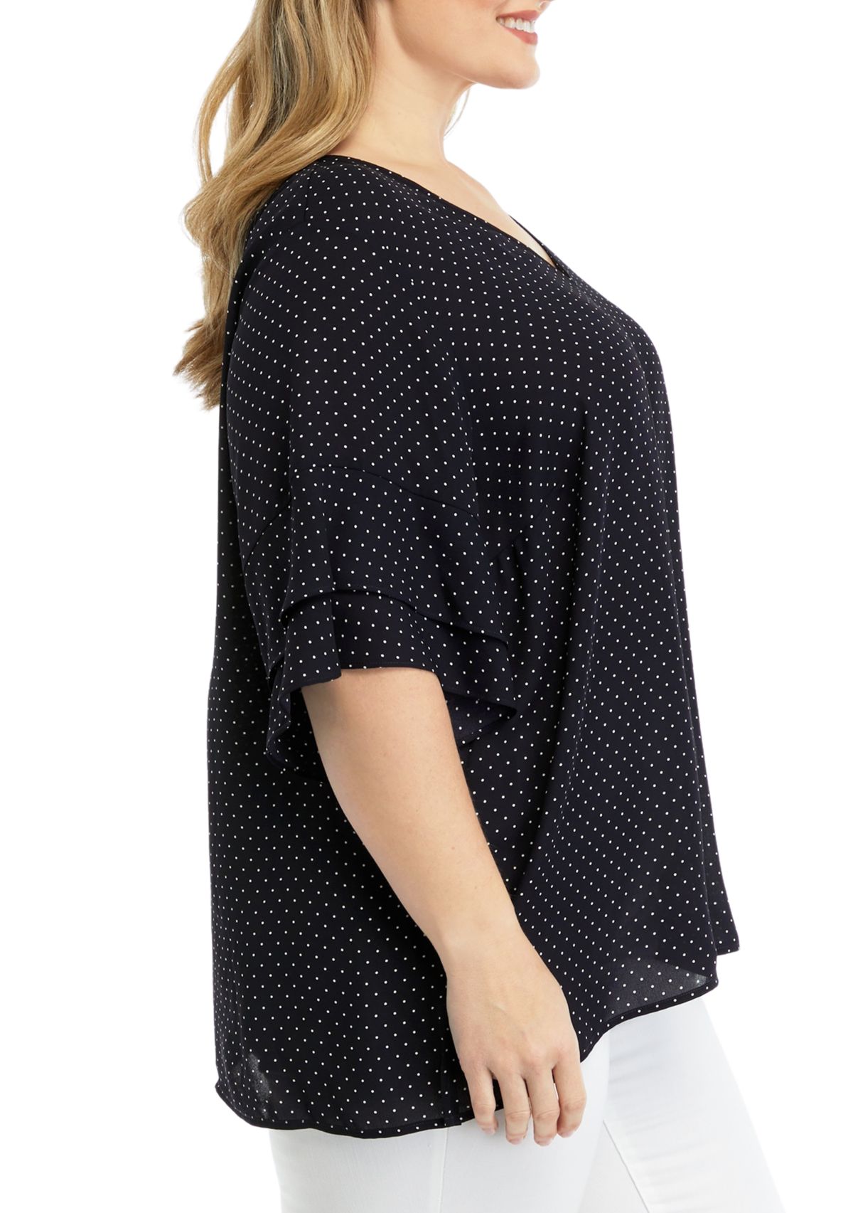  Plus Size Elbow V-Neck Woven Blouse with Ruffle Sleeve Detail 