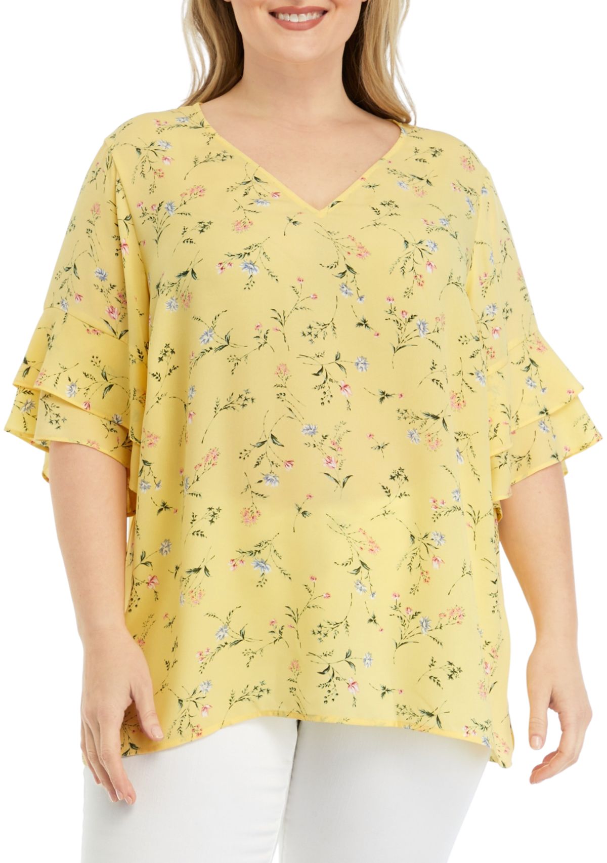 	  Plus Size Elbow V-Neck Woven Blouse with Ruffle Sleeve Detail 