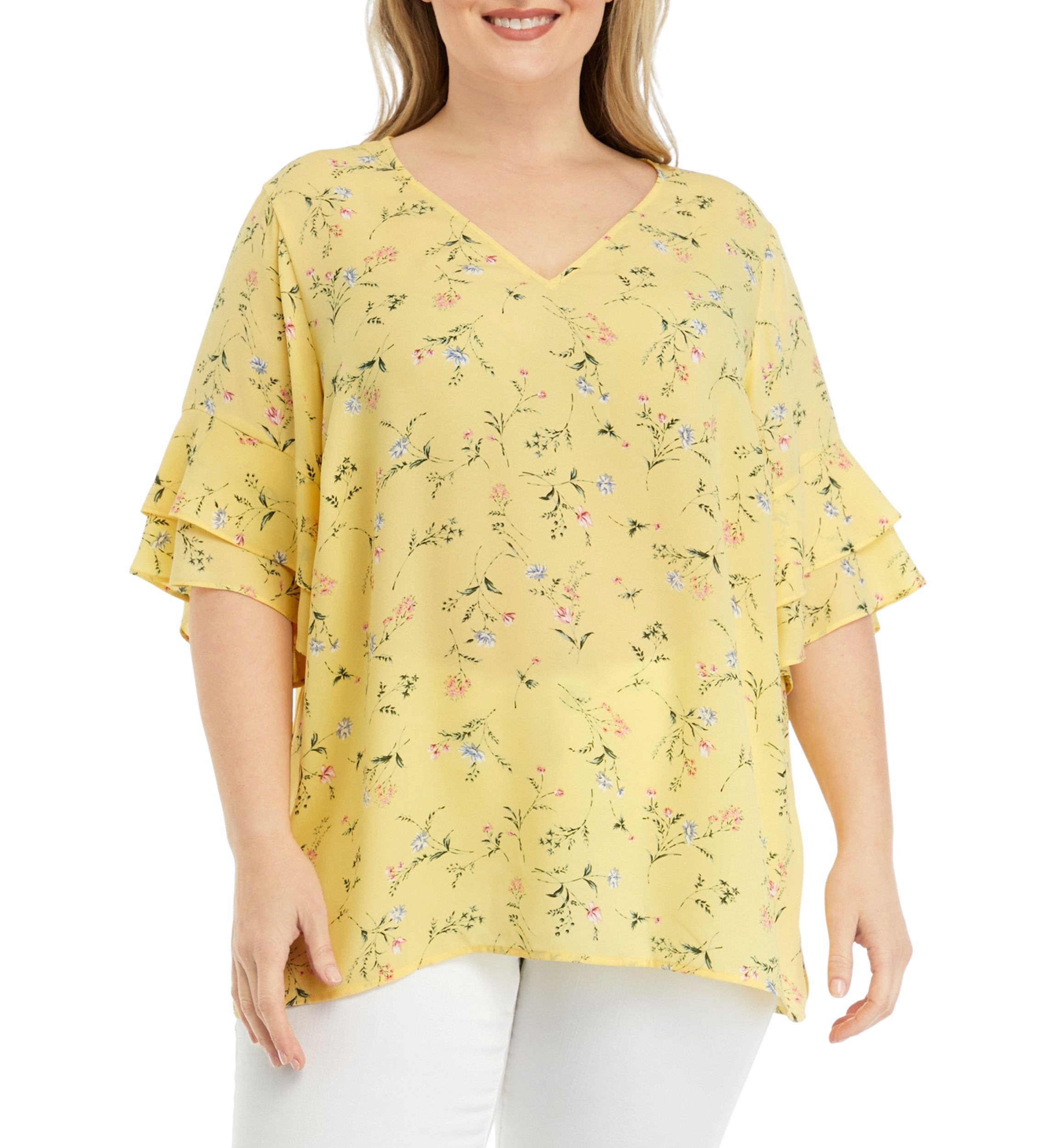 	  Plus Size Elbow V-Neck Woven Blouse with Ruffle Sleeve Detail 