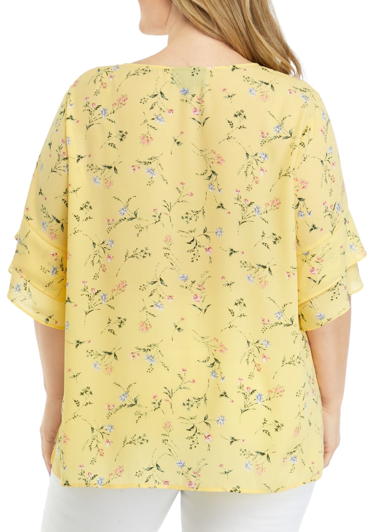 	  Plus Size Elbow V-Neck Woven Blouse with Ruffle Sleeve Detail 