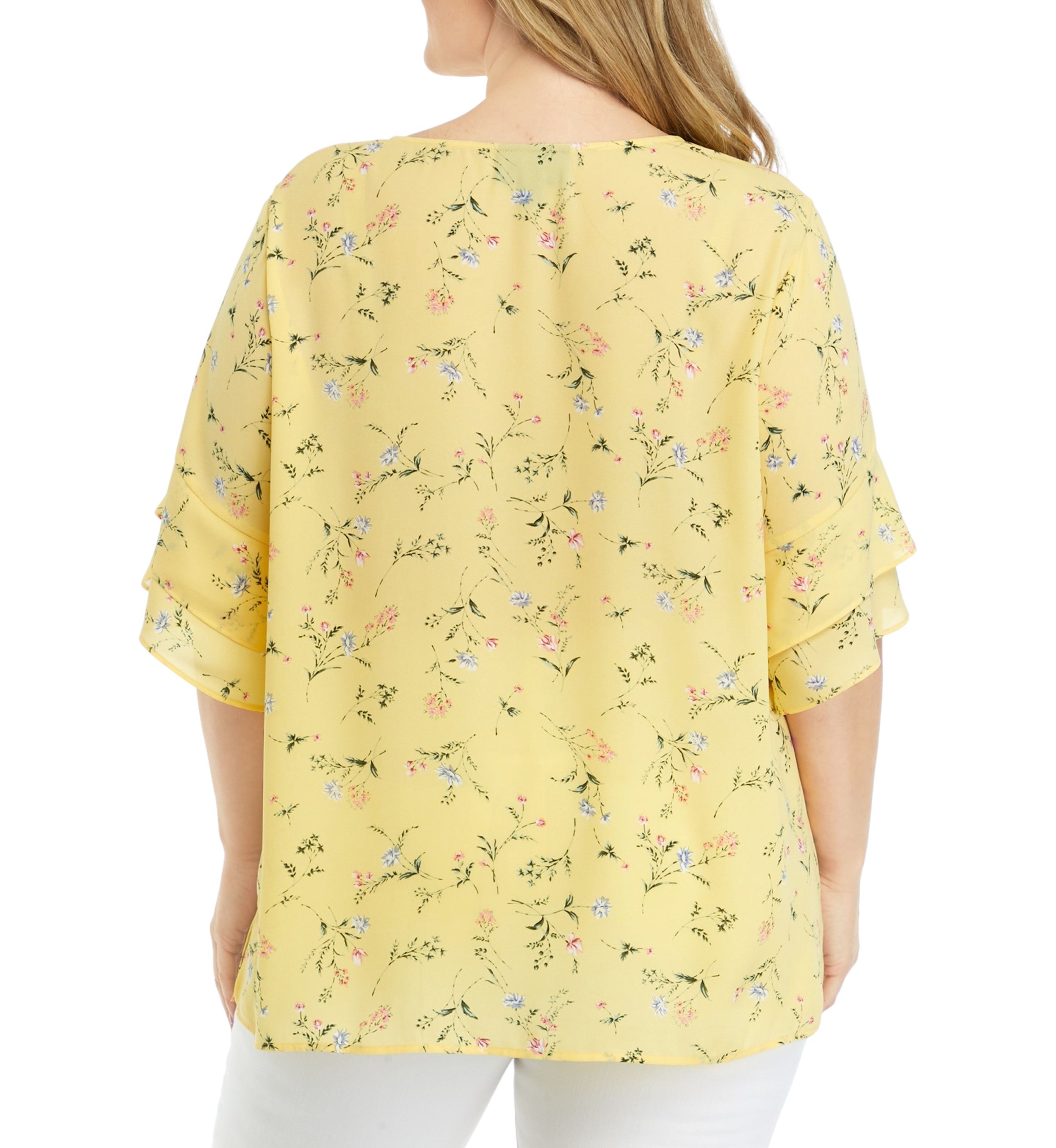 	  Plus Size Elbow V-Neck Woven Blouse with Ruffle Sleeve Detail 