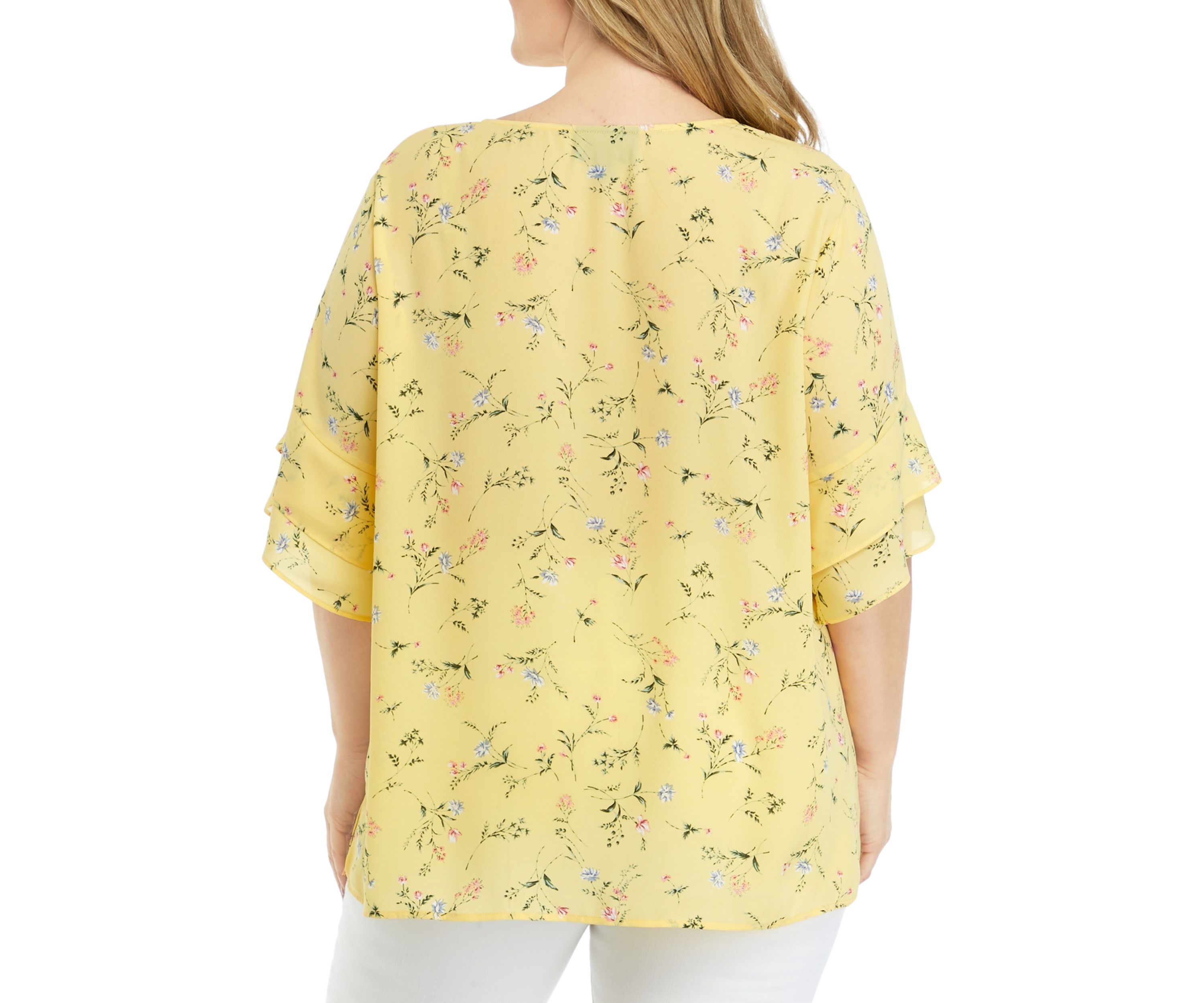 	  Plus Size Elbow V-Neck Woven Blouse with Ruffle Sleeve Detail 