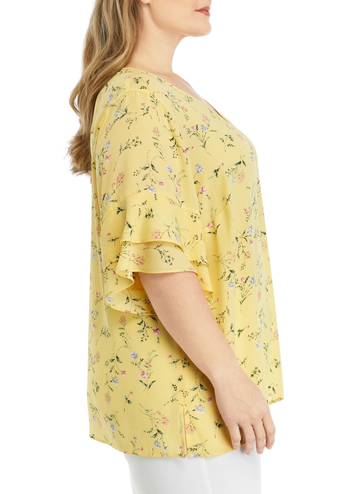 	  Plus Size Elbow V-Neck Woven Blouse with Ruffle Sleeve Detail 